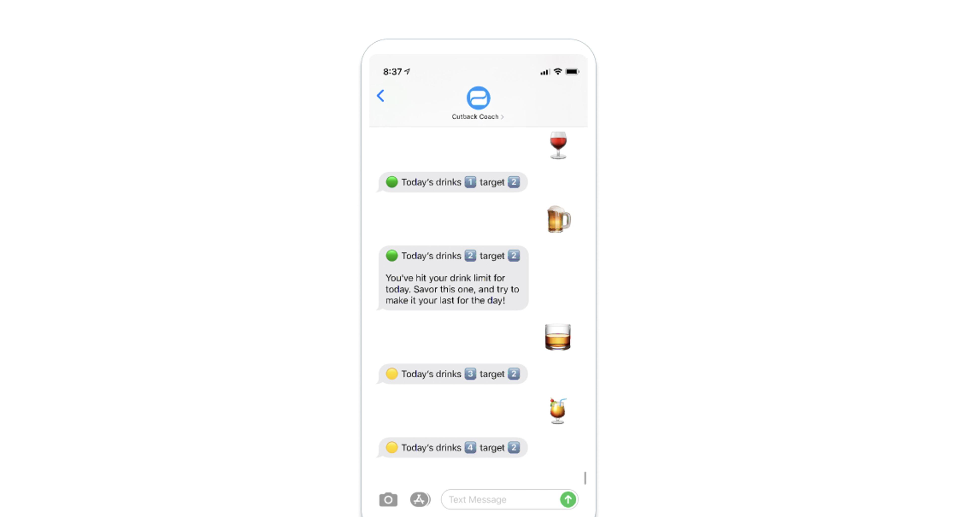 A smartphone screen displaying a messaging app conversation about drink limits for the day, featuring various drink emojis. The messages encourage sharing and making a drink list.