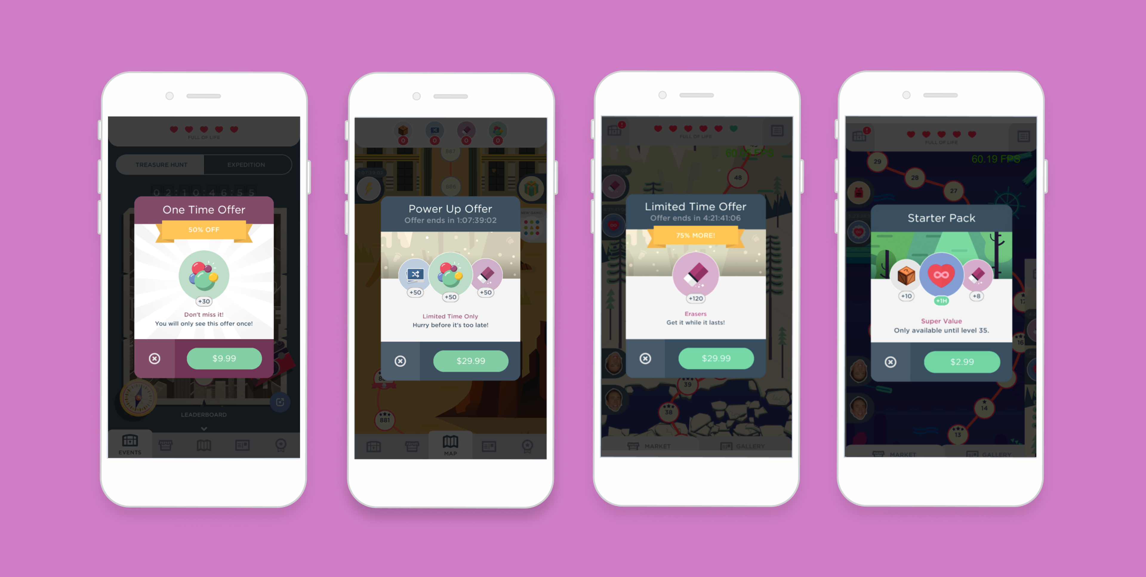 Four smartphone screens displaying in-app purchase offers for a game, including options like "One Time Offer," "Power Up Offer," "Limited Time Offer," and "Starter Pack," each with pricing details. The background is a vibrant purple.