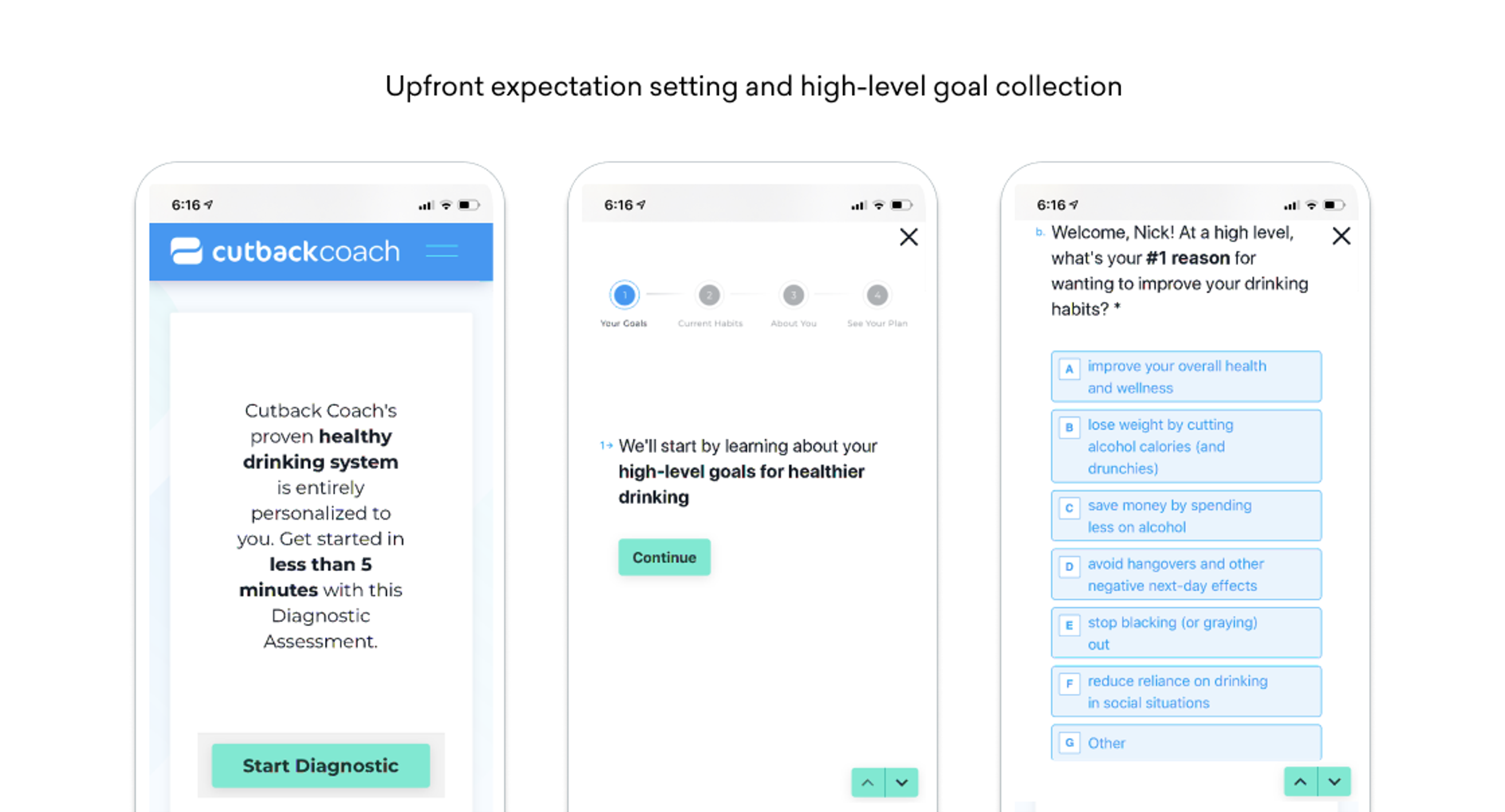 Three smartphone screens show the Cutback Coach app onboarding flow, explaining its personalized healthy drinking system and asking users to set high-level goals and select their main reason for wanting to improve their drinking habits.