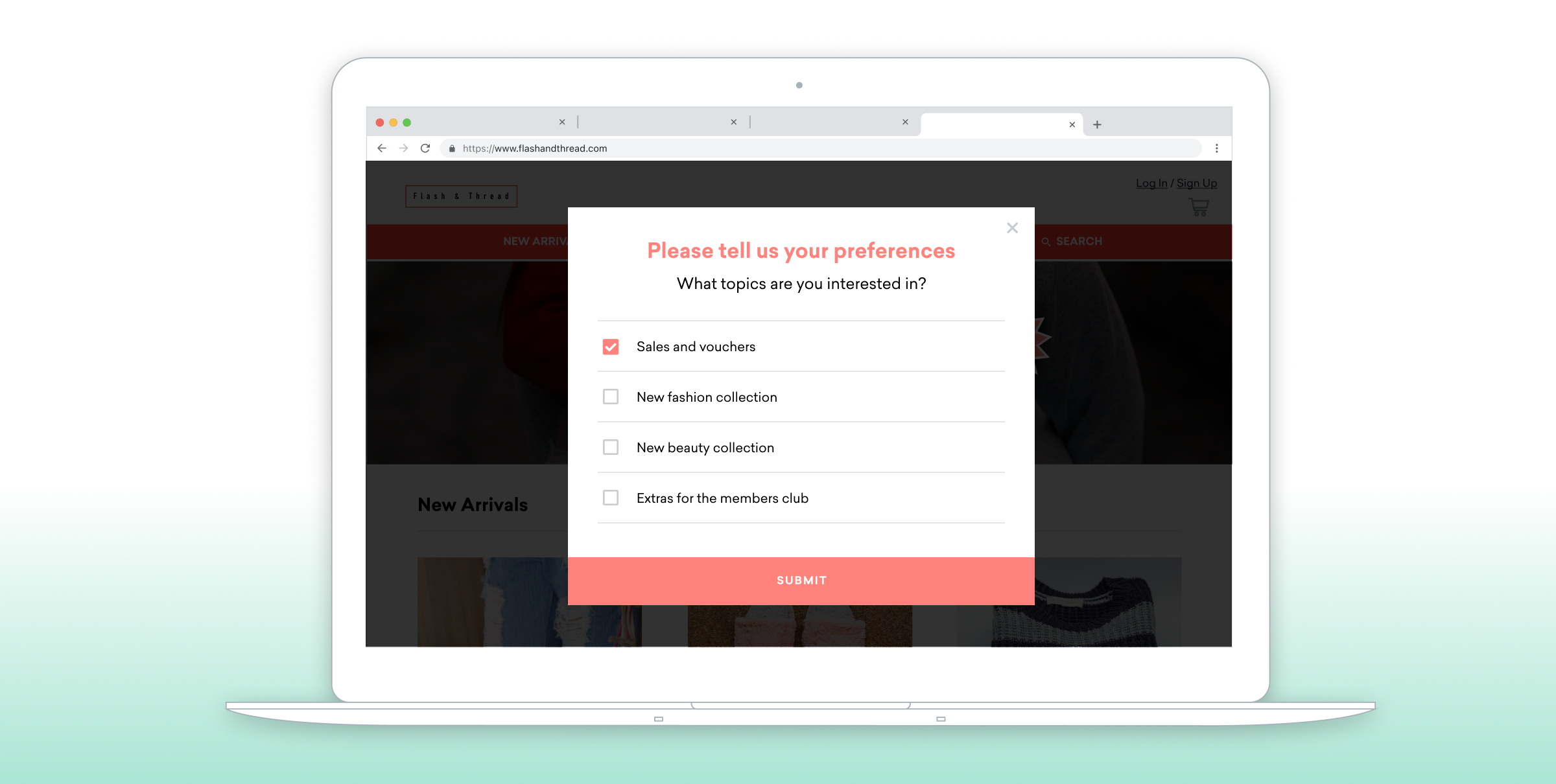 A pop-up window on a website asking users to select their preferences for topics of interest, including sales and vouchers, new fashion collection, new beauty collection, and extras for the members club.