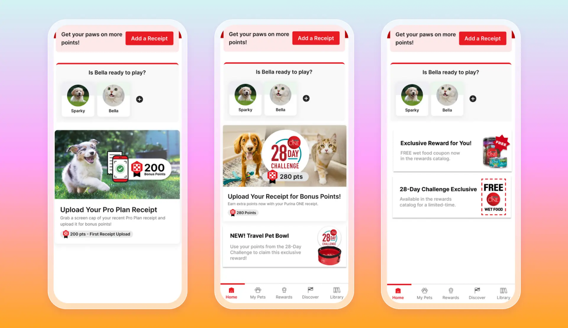 Three mobile app screens showcasing a pet rewards program where users can upload receipts for points, manage pet profiles, and earn exclusive rewards through challenges.