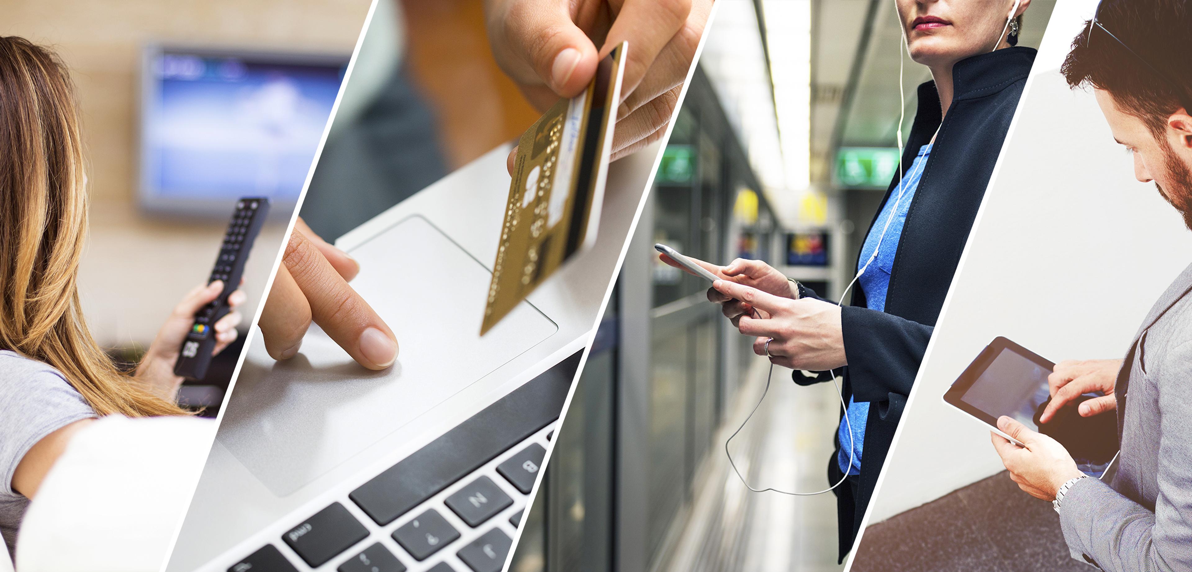 A collage of four images showing people using various devices: a remote control, a laptop with a credit card, a smartphone, and a tablet. The scenes depict modern technology usage in different settings.