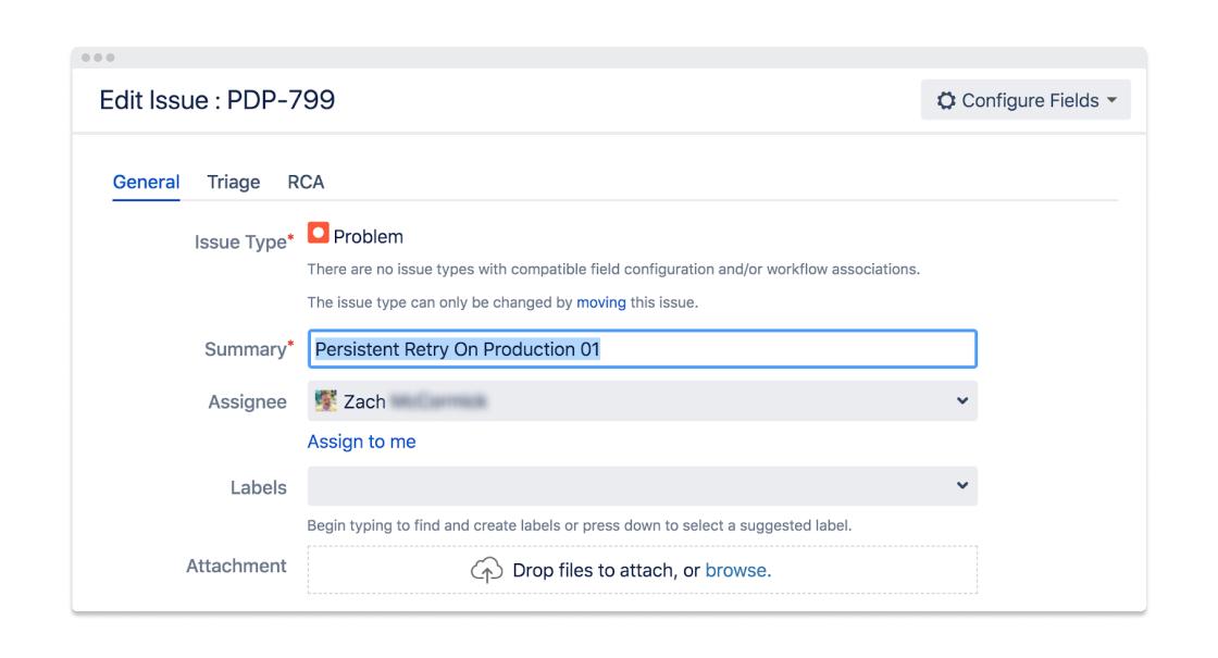 A screenshot of an issue editing interface, displaying fields for issue type, summary, assignee, and attachment options. The summary field contains the text "Persistent Retry On Production 01.