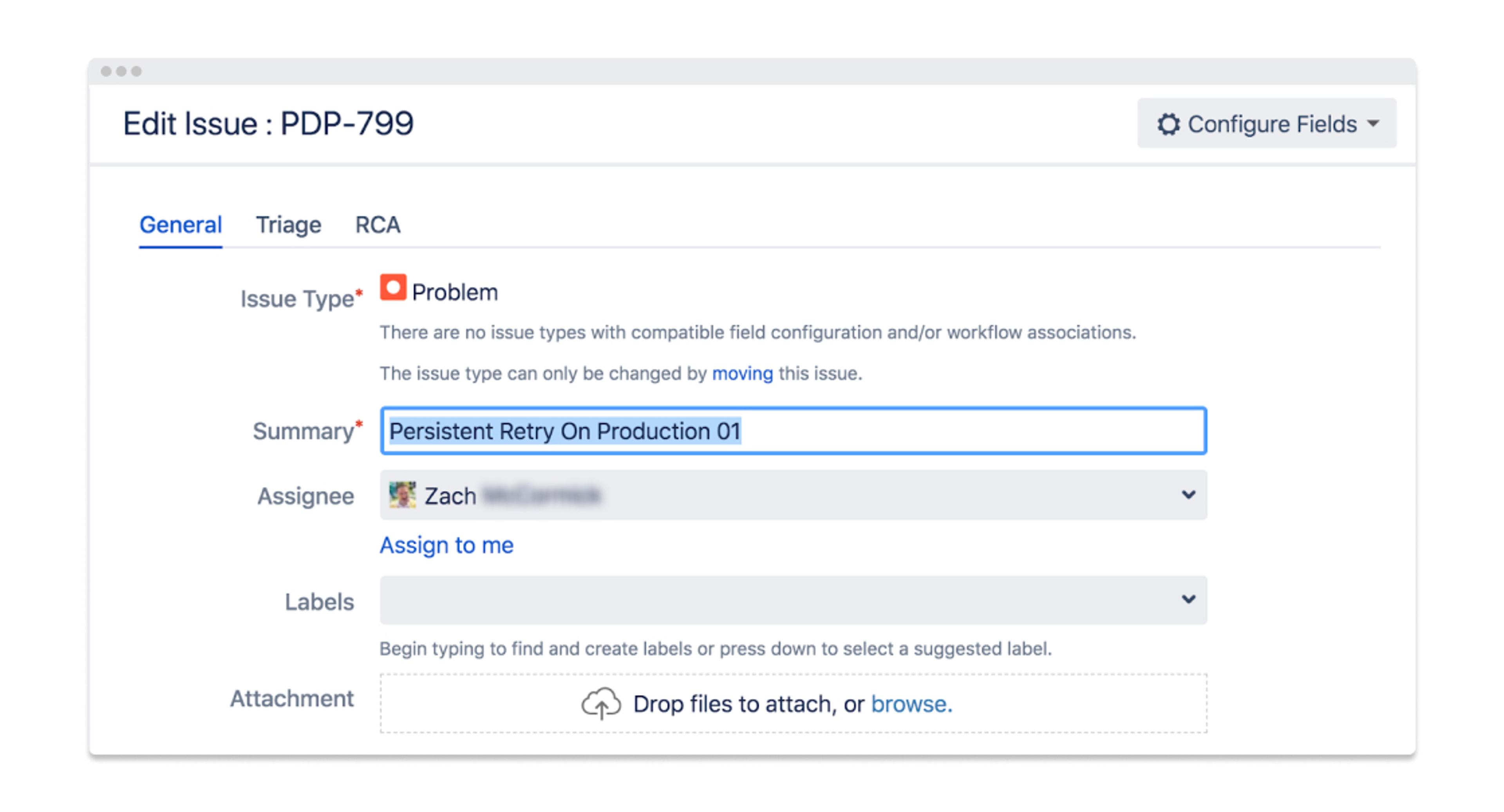 A screenshot of an issue editing interface, displaying fields for issue type, summary, assignee, and attachment options. The summary field contains the text "Persistent Retry On Production 01.