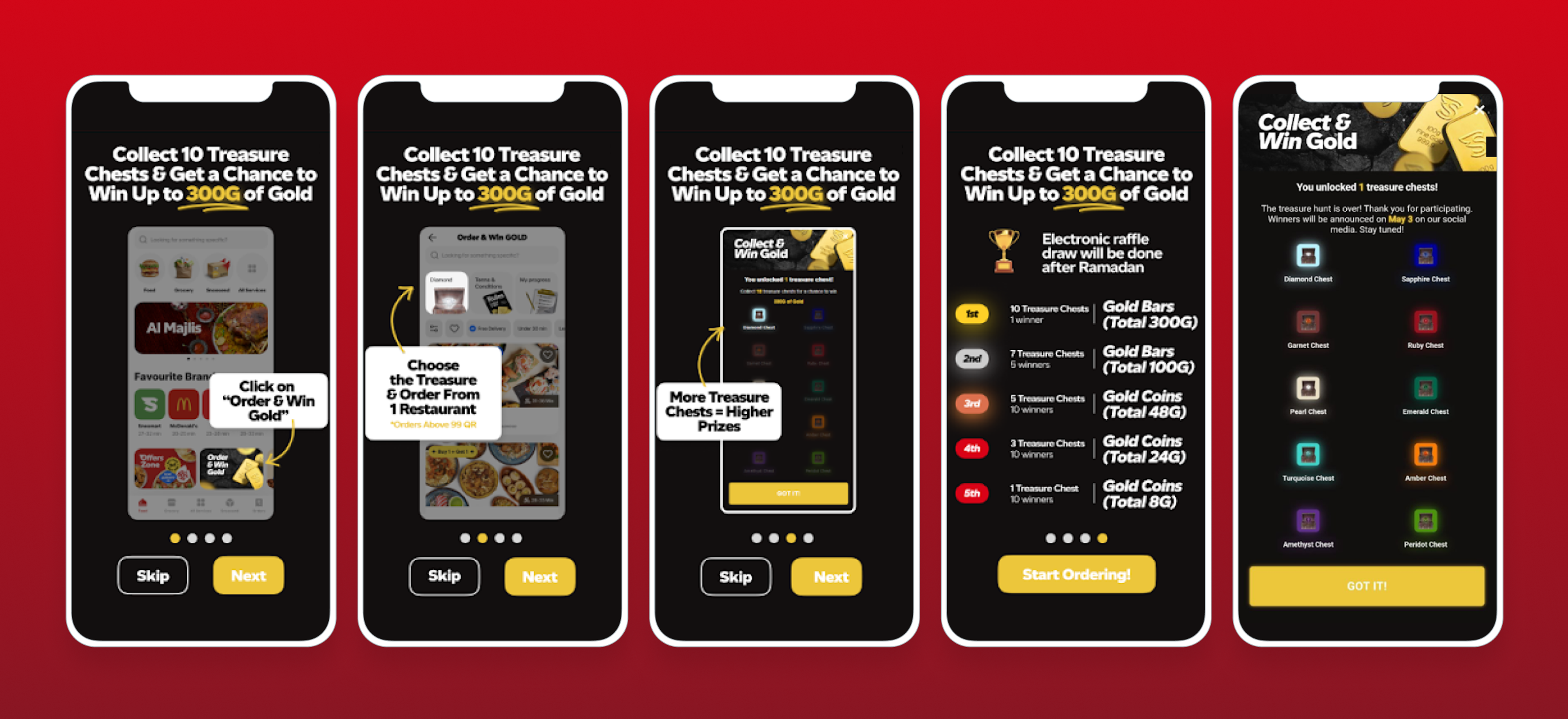 A series of smartphone screens displaying a promotional game for collecting treasure chests to win gold prizes. The screens show options for ordering food and selecting prizes.