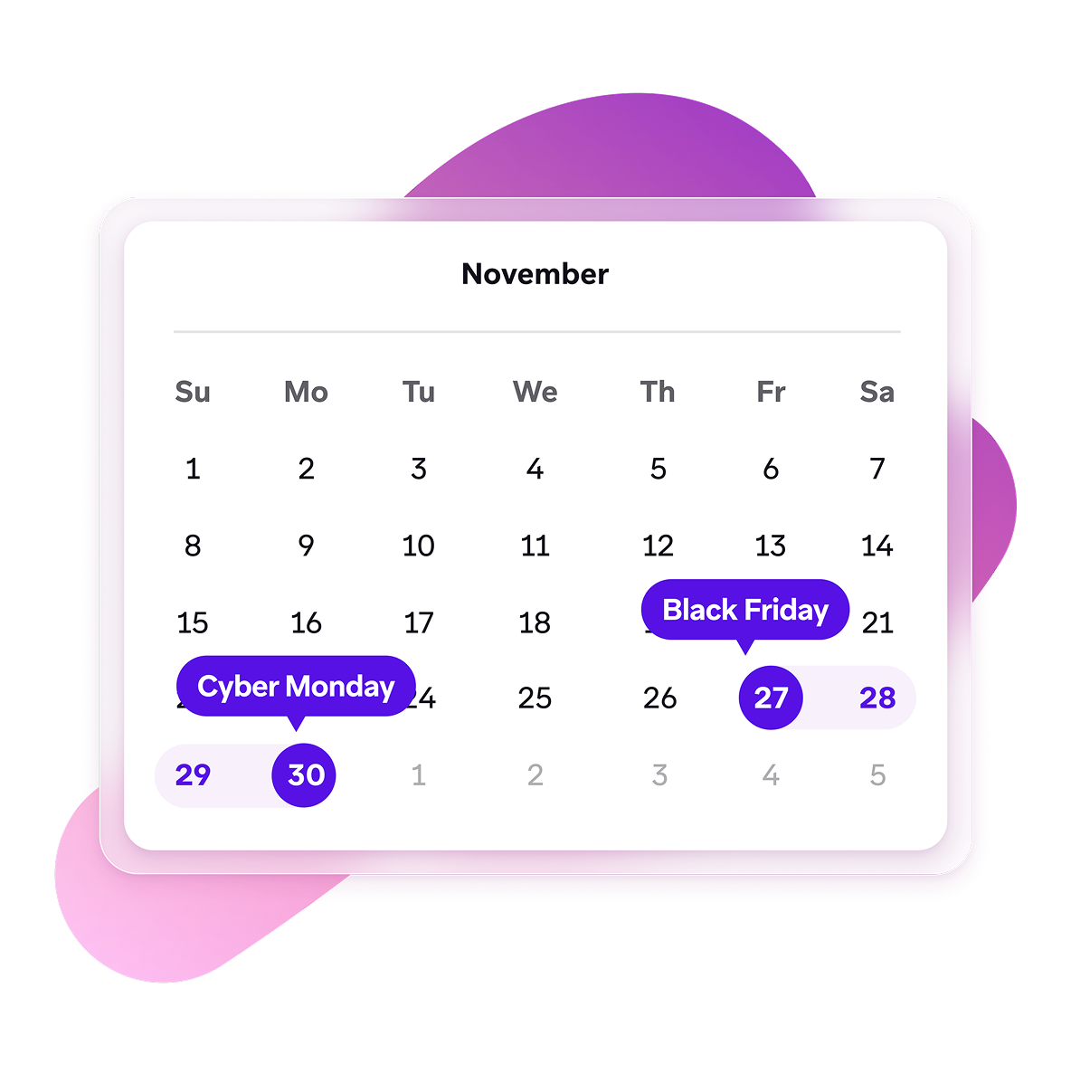 A November calendar graphic highlights Black Friday, Cyber Monday, and the surrounding shopping weekend.