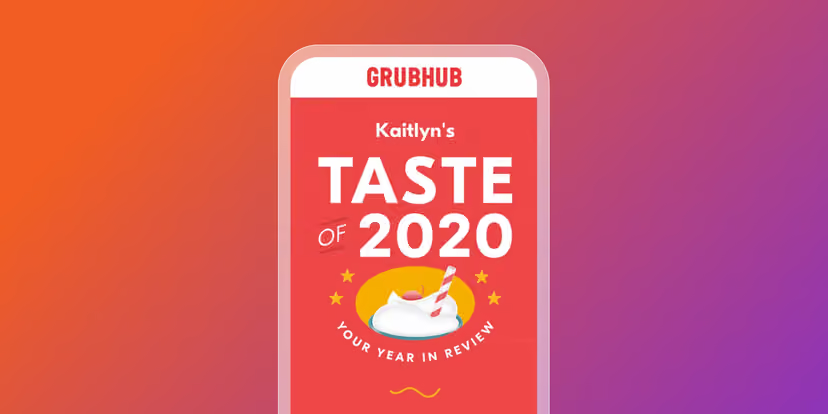 Écran de téléphone affichant « Kaitlyn’s Taste of 2020 » de Grubhub sur un fond dégradé orange et violet.