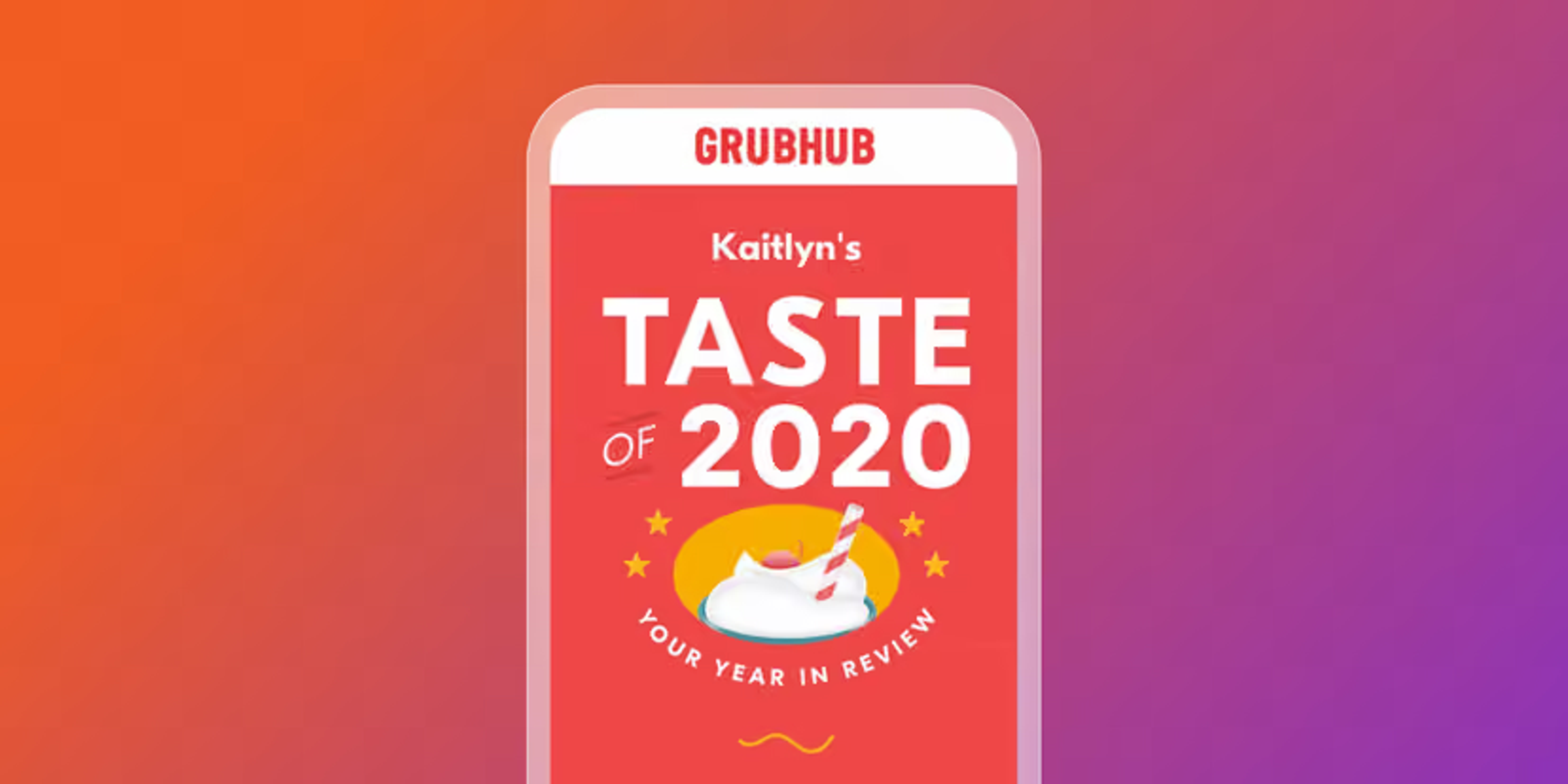 Écran de téléphone affichant « Kaitlyn’s Taste of 2020 » de Grubhub sur un fond dégradé orange et violet.