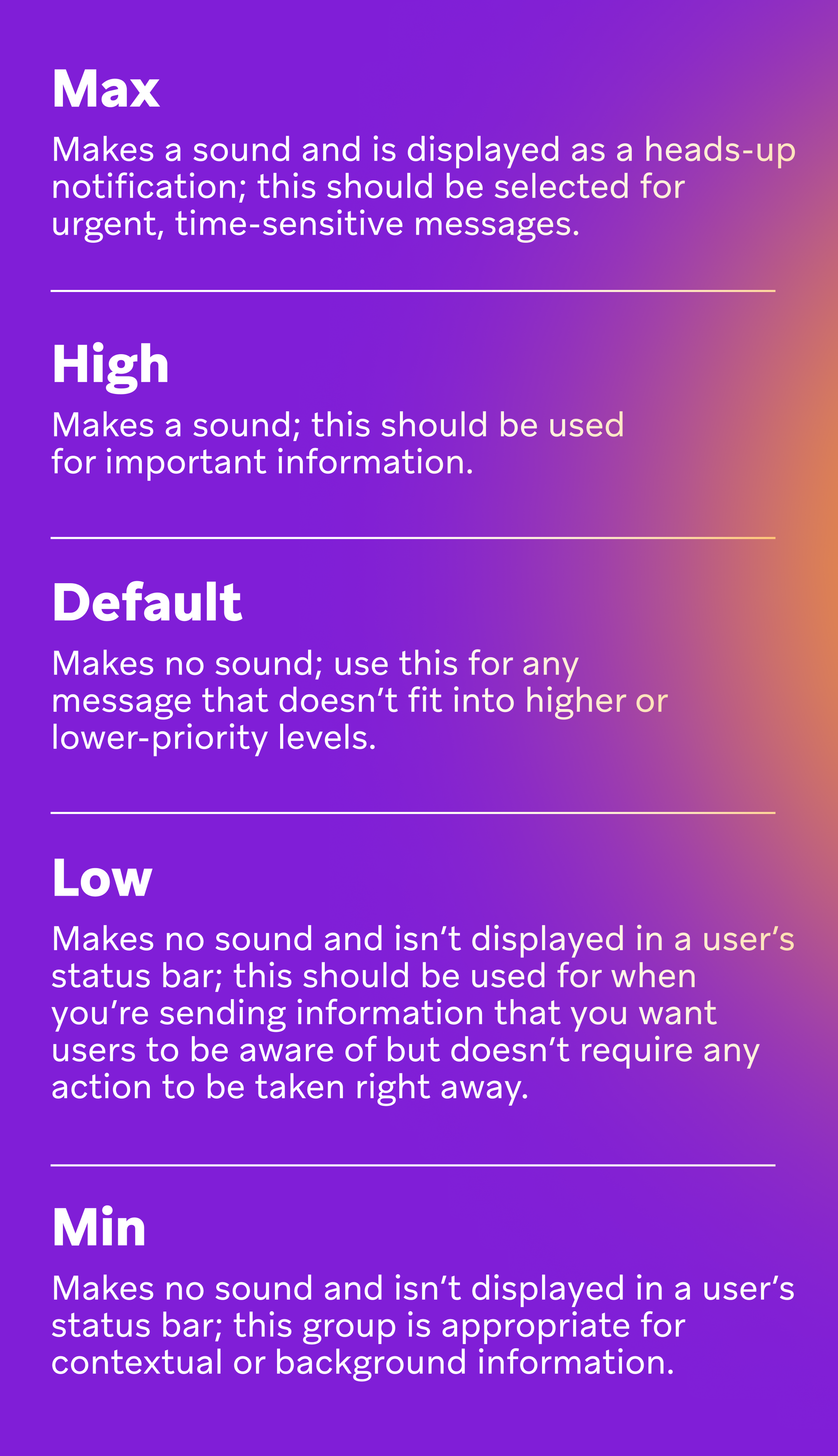 a purple background with white text that says max high default low and min