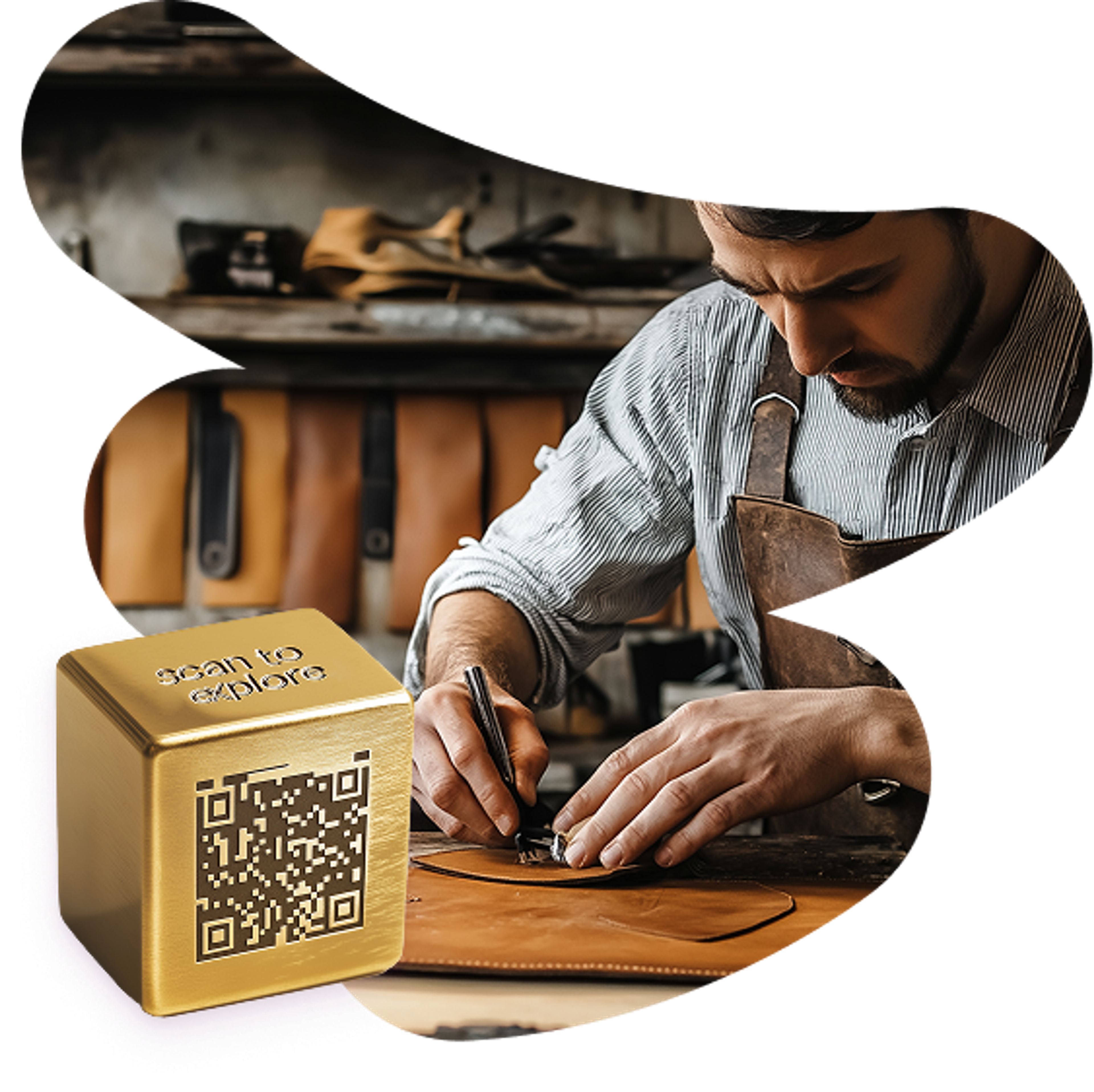 a man is working on a piece of leather next to a box that says " scan to explore "