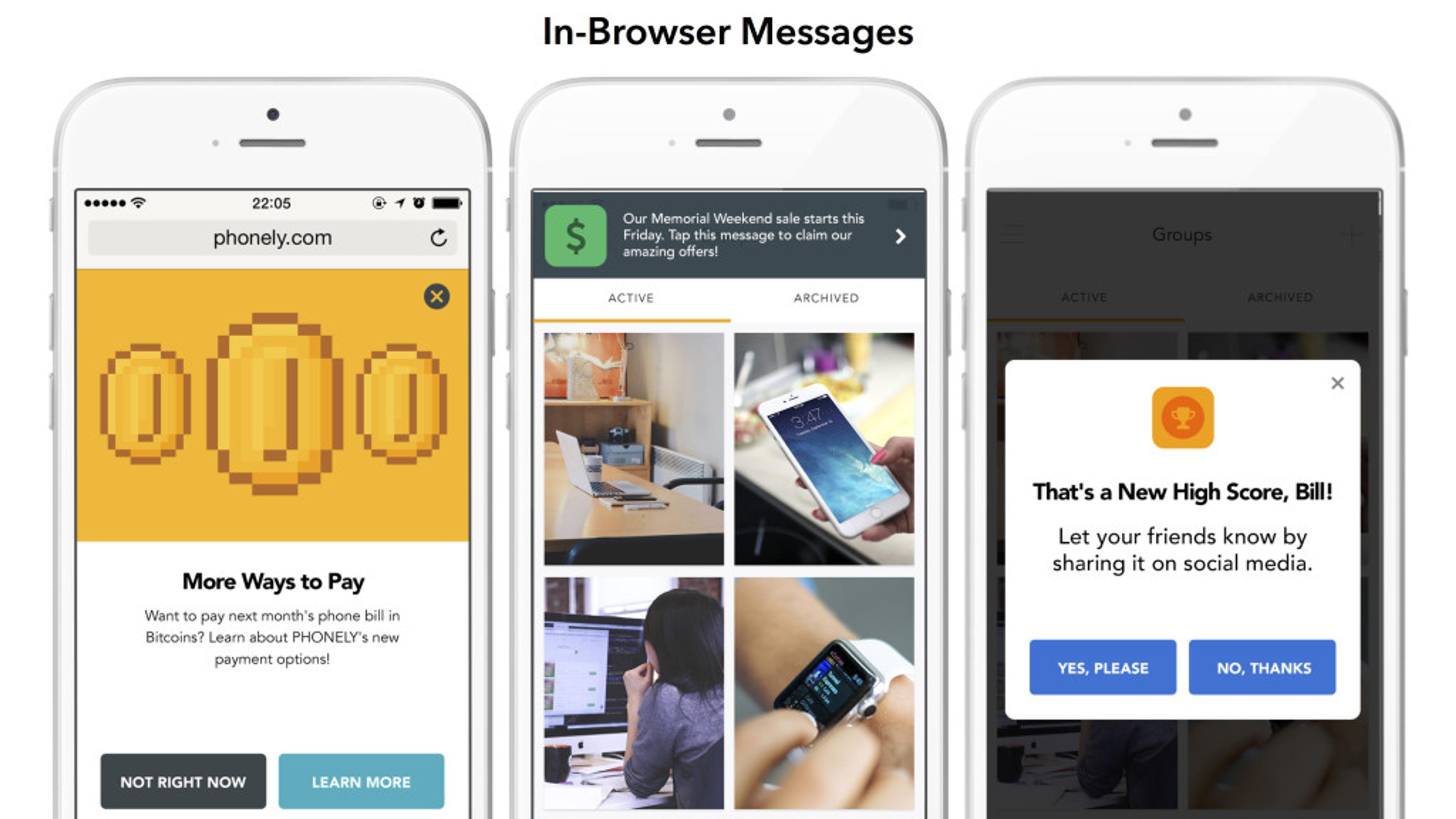 Screenshots of a mobile website and two browser messages promoting payment options and social media sharing. One message congratulates a user on achieving a new high score.