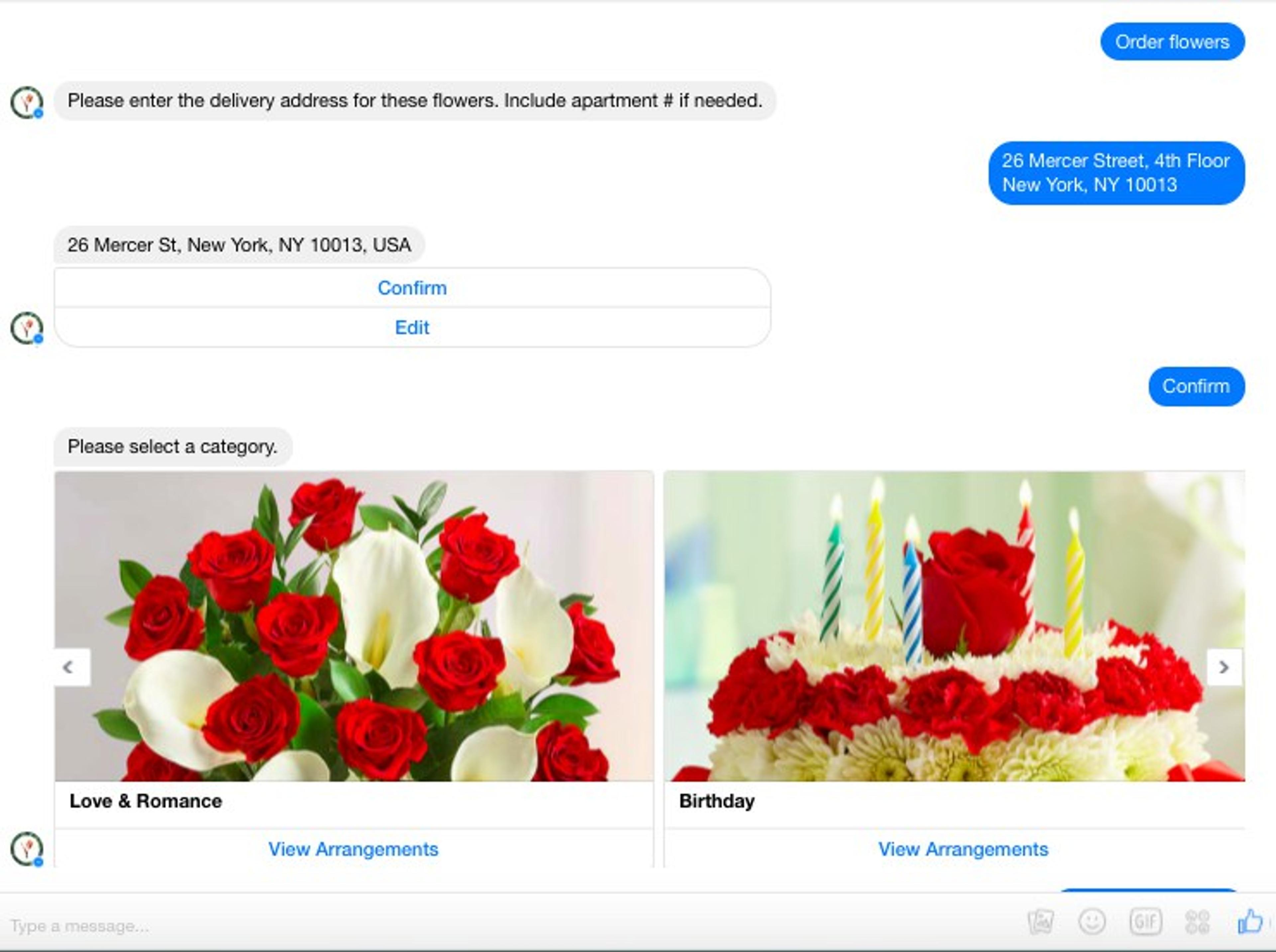 A flower ordering chatbot interface confirming a delivery address and displaying "Love & Romance" (red roses, white calla lilies) and "Birthday" (floral cake with candles) categories.