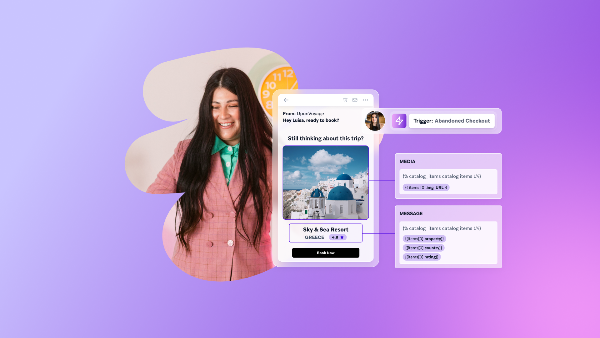 a woman in a pink coat is smiling in front of a screen that says " still thinking about this trip "