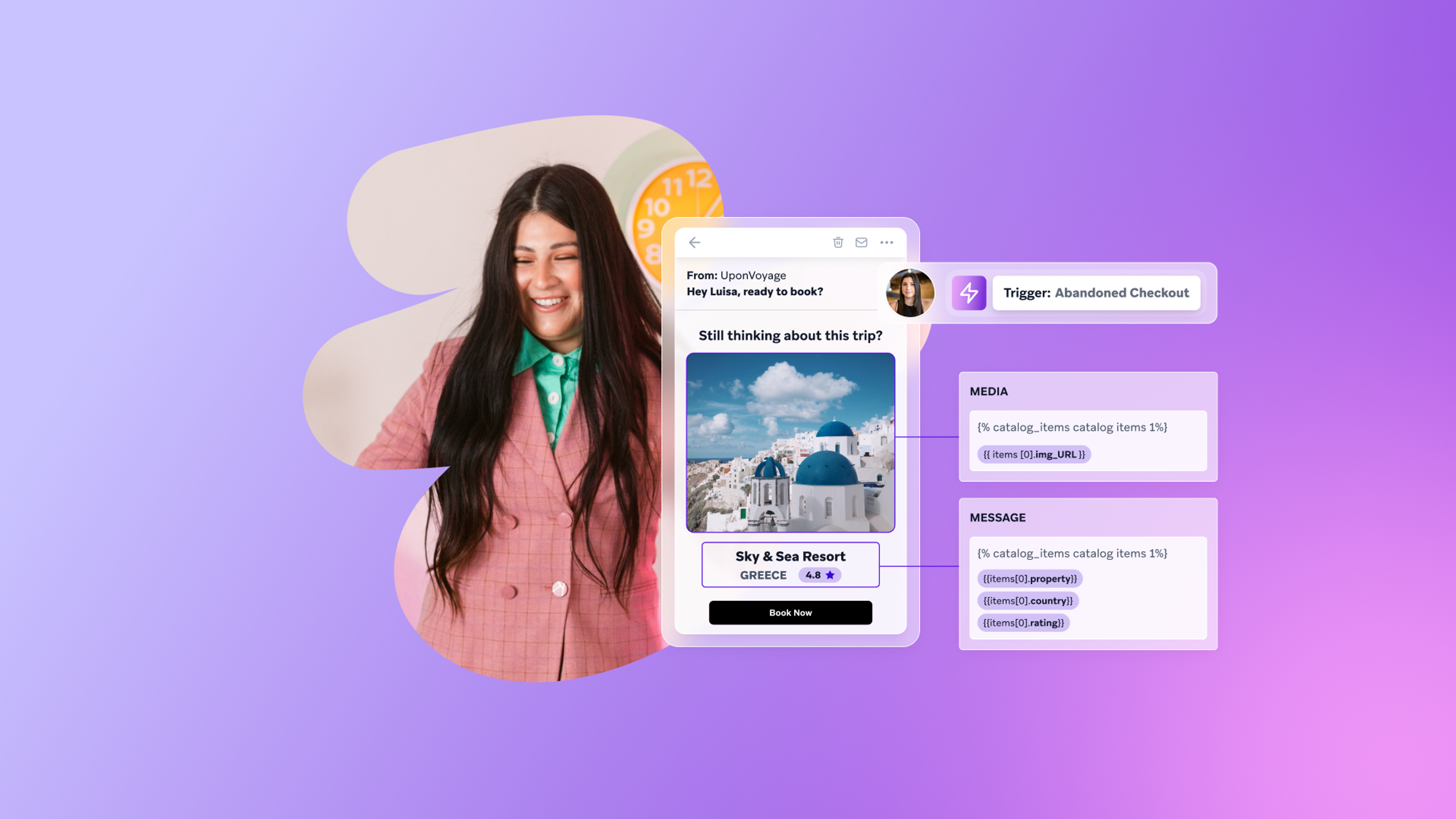 a woman in a pink coat is smiling in front of a screen that says " still thinking about this trip "