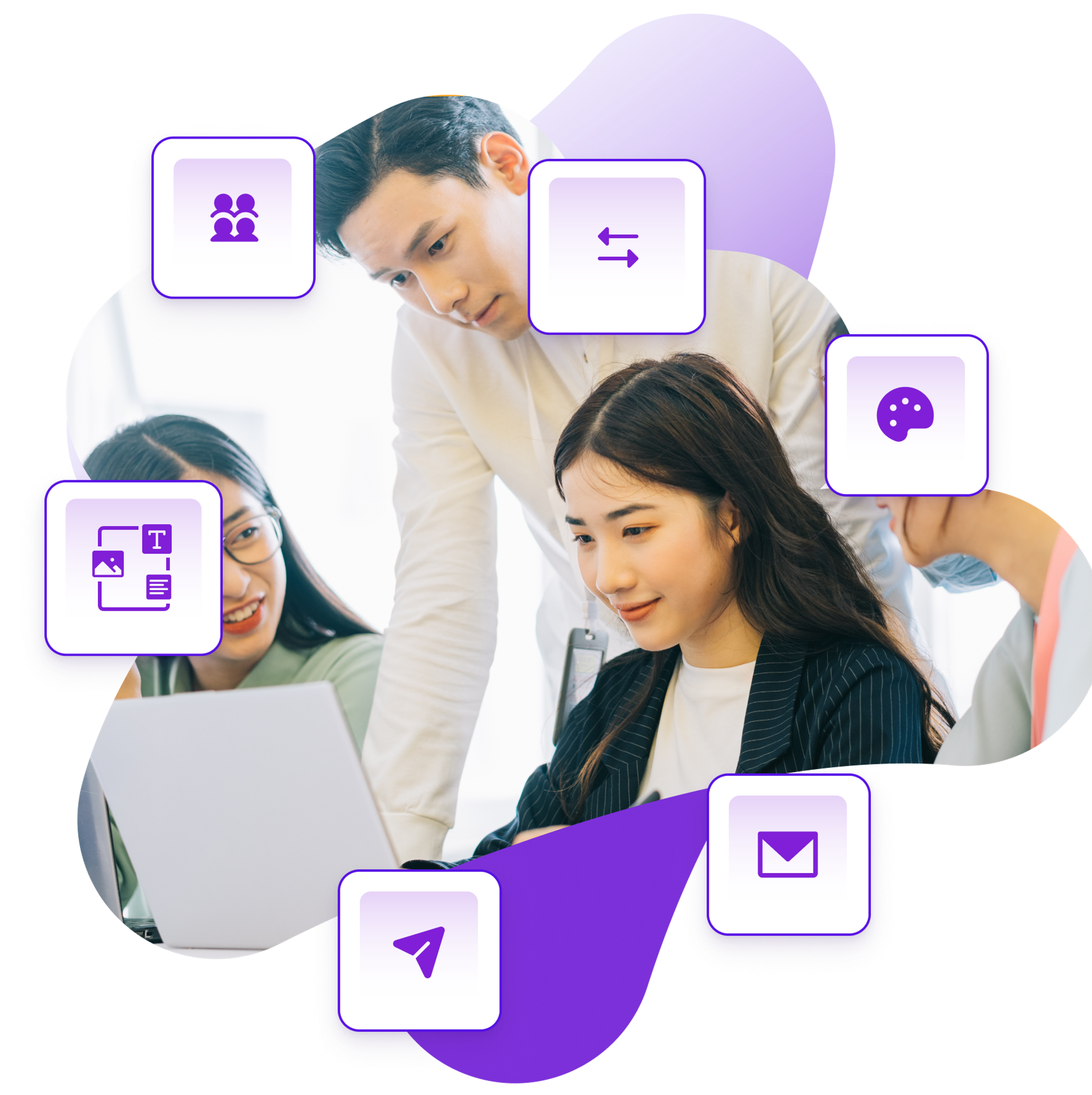 a group of people looking at a laptop with purple icons around them