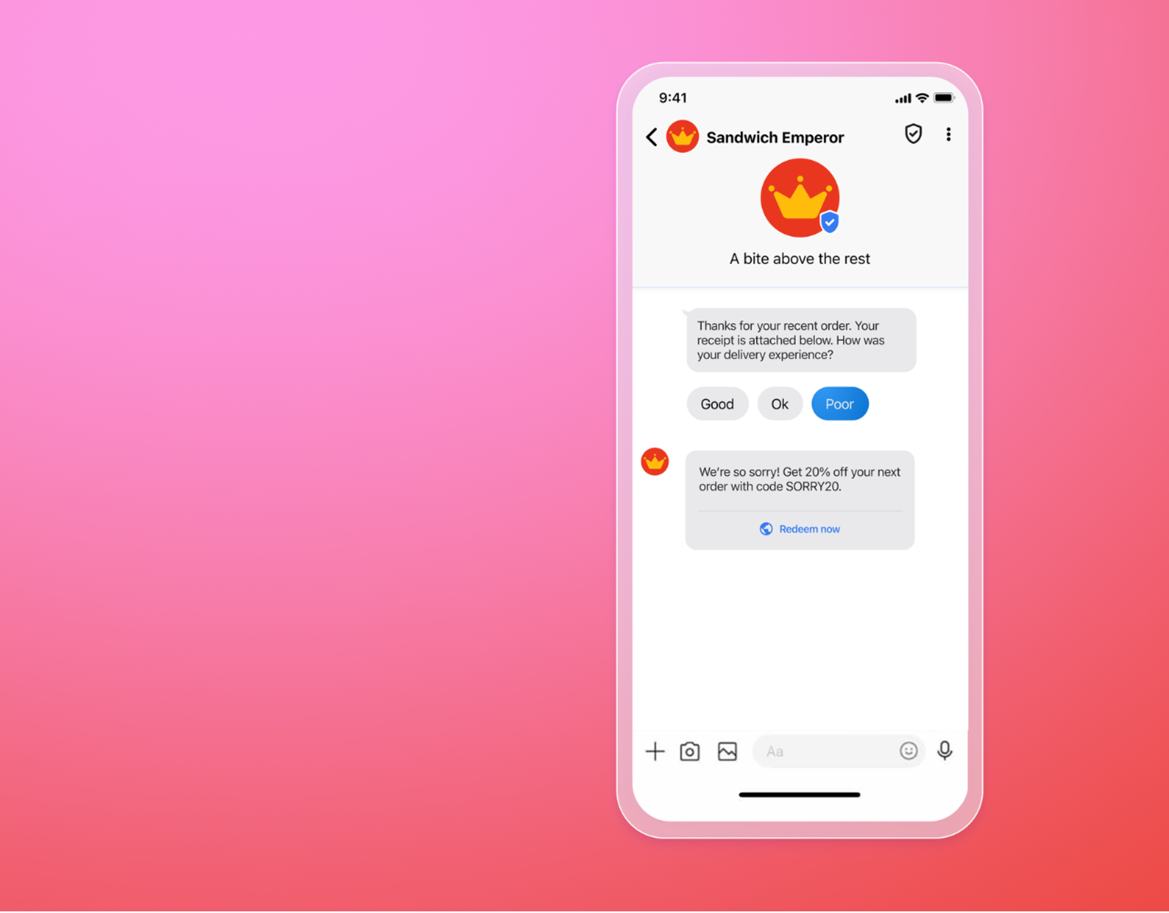 Mockup of a smartphone screen showing a chat with a brand called “Sandwich Emperor,” where a customer rates a poor delivery experience and receives a 20% off apology coupon, on a pink gradient background.