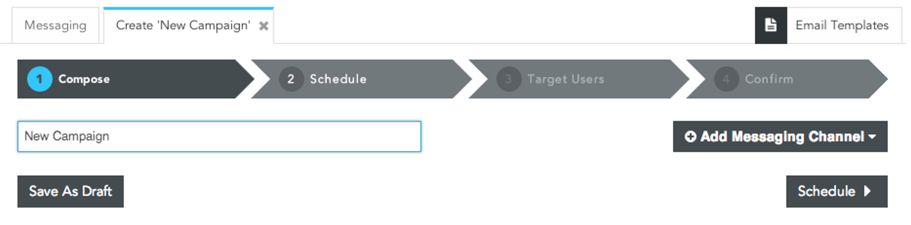 A user interface for creating a new campaign, featuring steps for composing, scheduling, targeting users, and confirming. There are fields for entering campaign details and options to save or schedule the campaign.