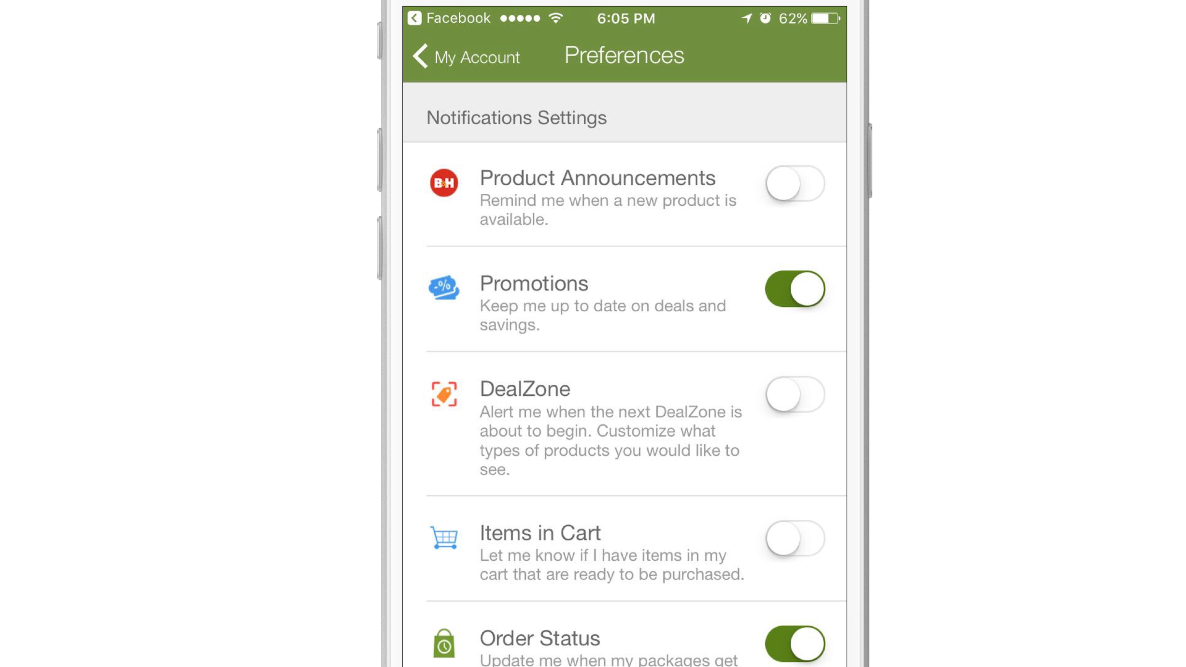 A smartphone screen displaying notification settings for a user account, including options for product announcements, promotions, DealZone, items in cart, and order status. Each setting has a toggle switch for activation.