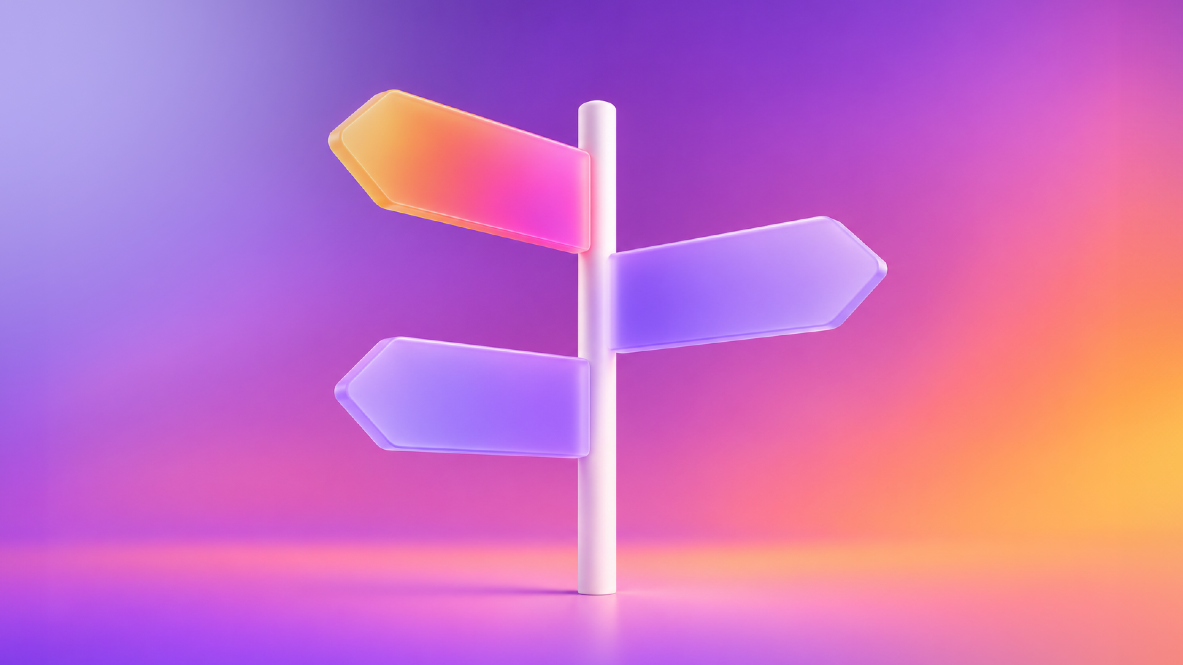 Colorful three-way signpost against a vibrant purple, pink, and orange gradient background.