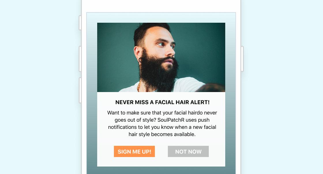 A mobile notification promoting a service for facial hair style updates, featuring a man with a beard. The message encourages users to sign up for alerts about new facial hair styles.