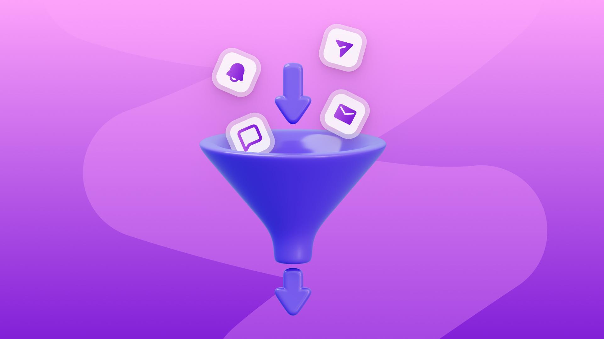 Purple 3D funnel processing notification, chat, send, and email app icons.