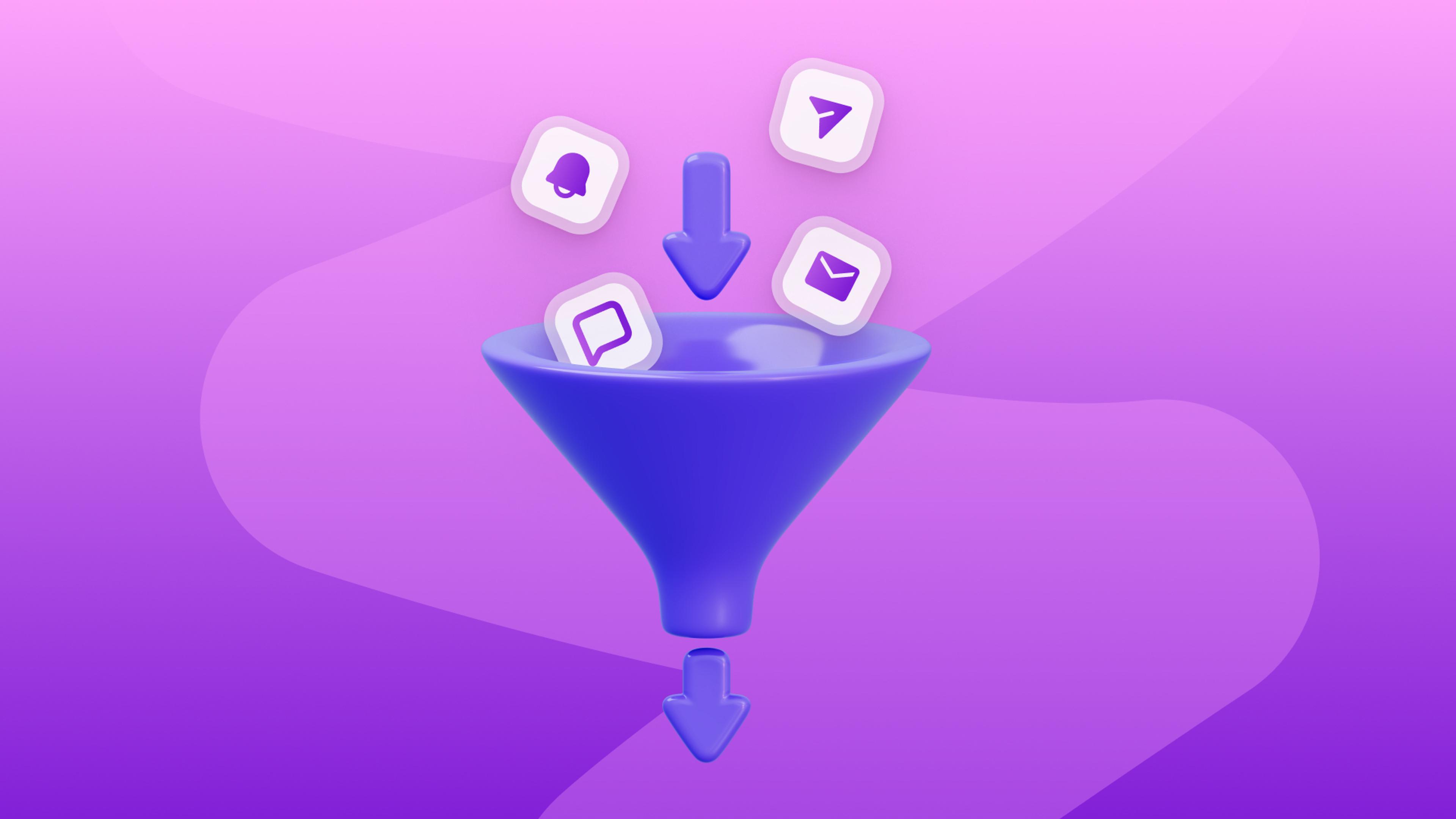 Purple 3D funnel processing notification, chat, send, and email app icons.