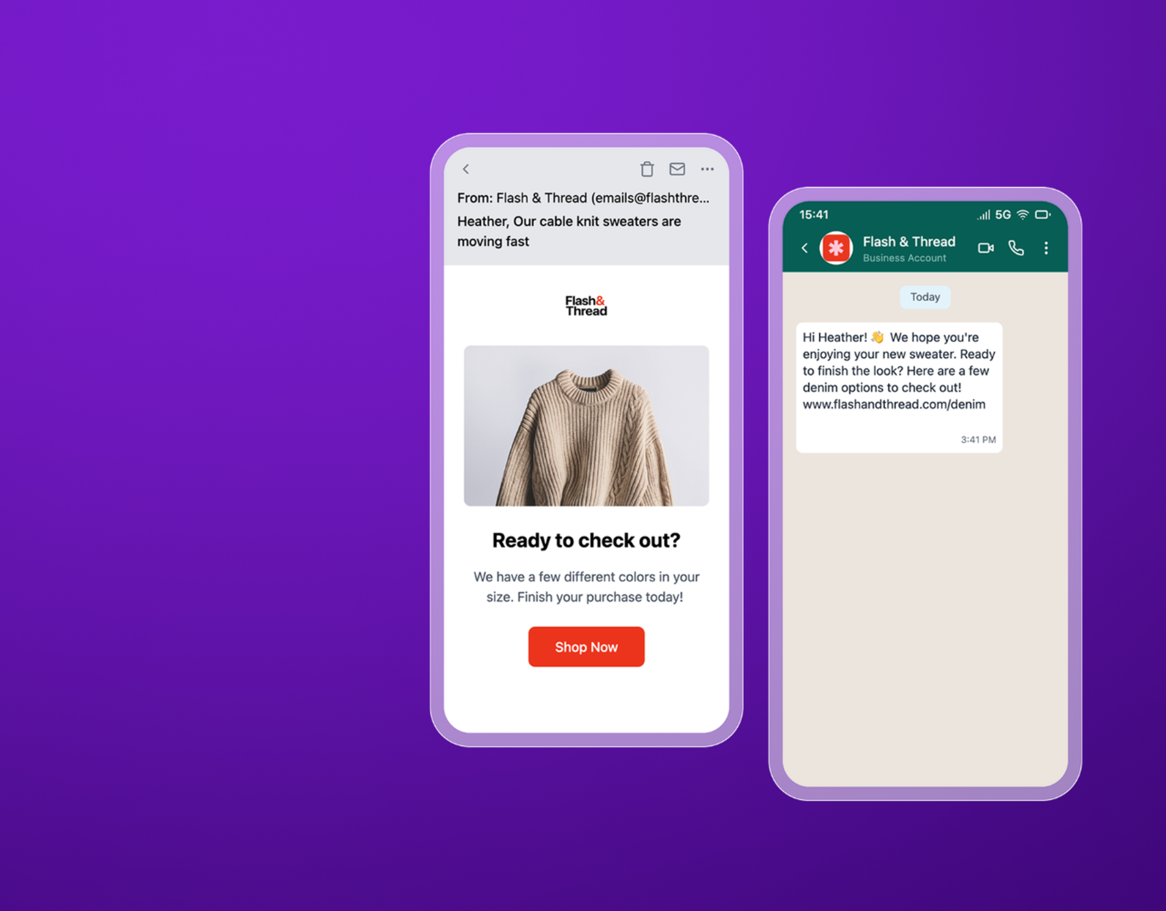 Two smartphone screens on a purple background show a clothing brand’s email and text message promoting a cable knit sweater and linking to shop online.