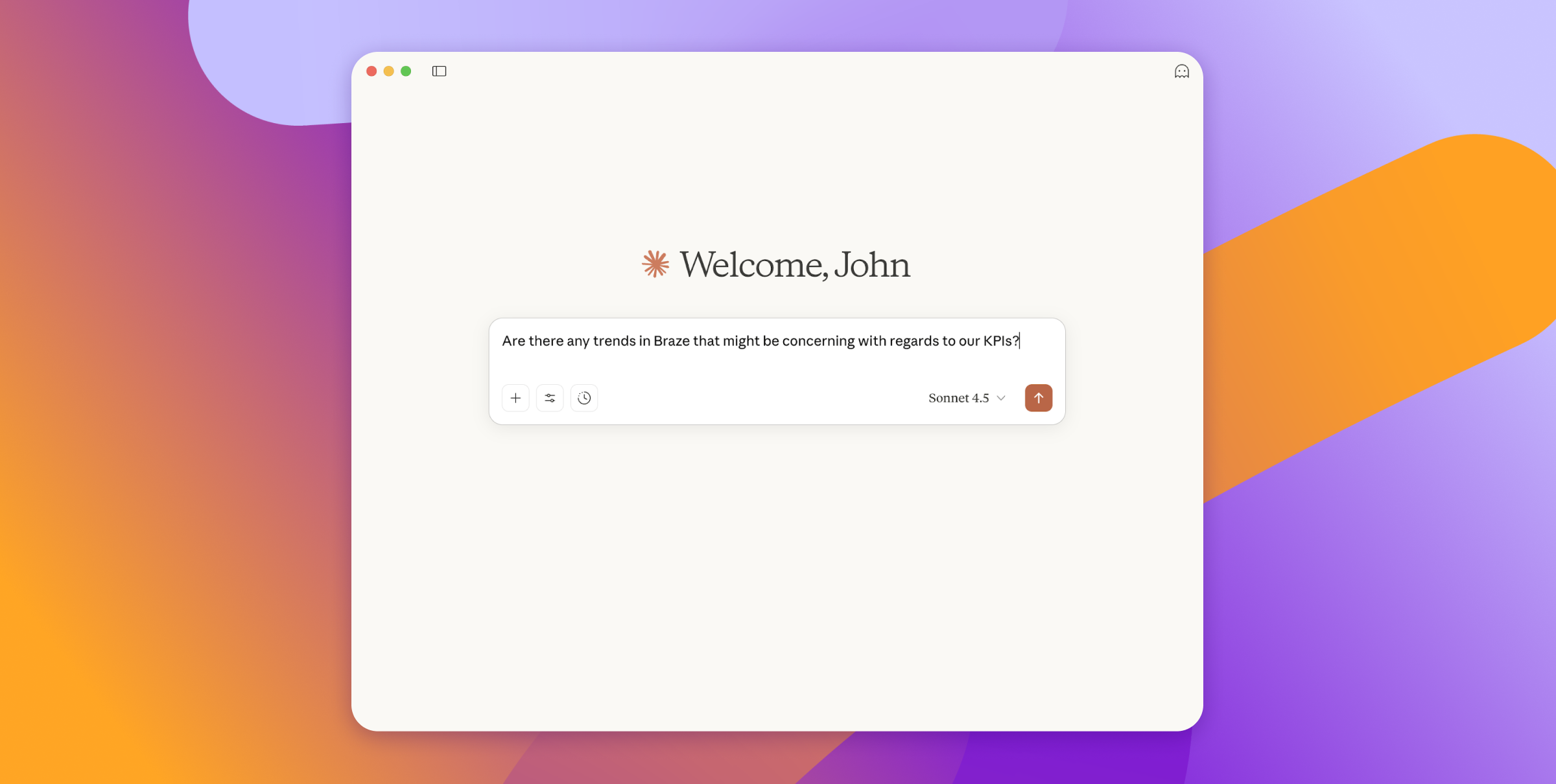 Una aplicación de escritorio que muestra "Bienvenido, John" y una entrada de texto en la que se pregunta por las tendencias de Braze relativas a los KPI.