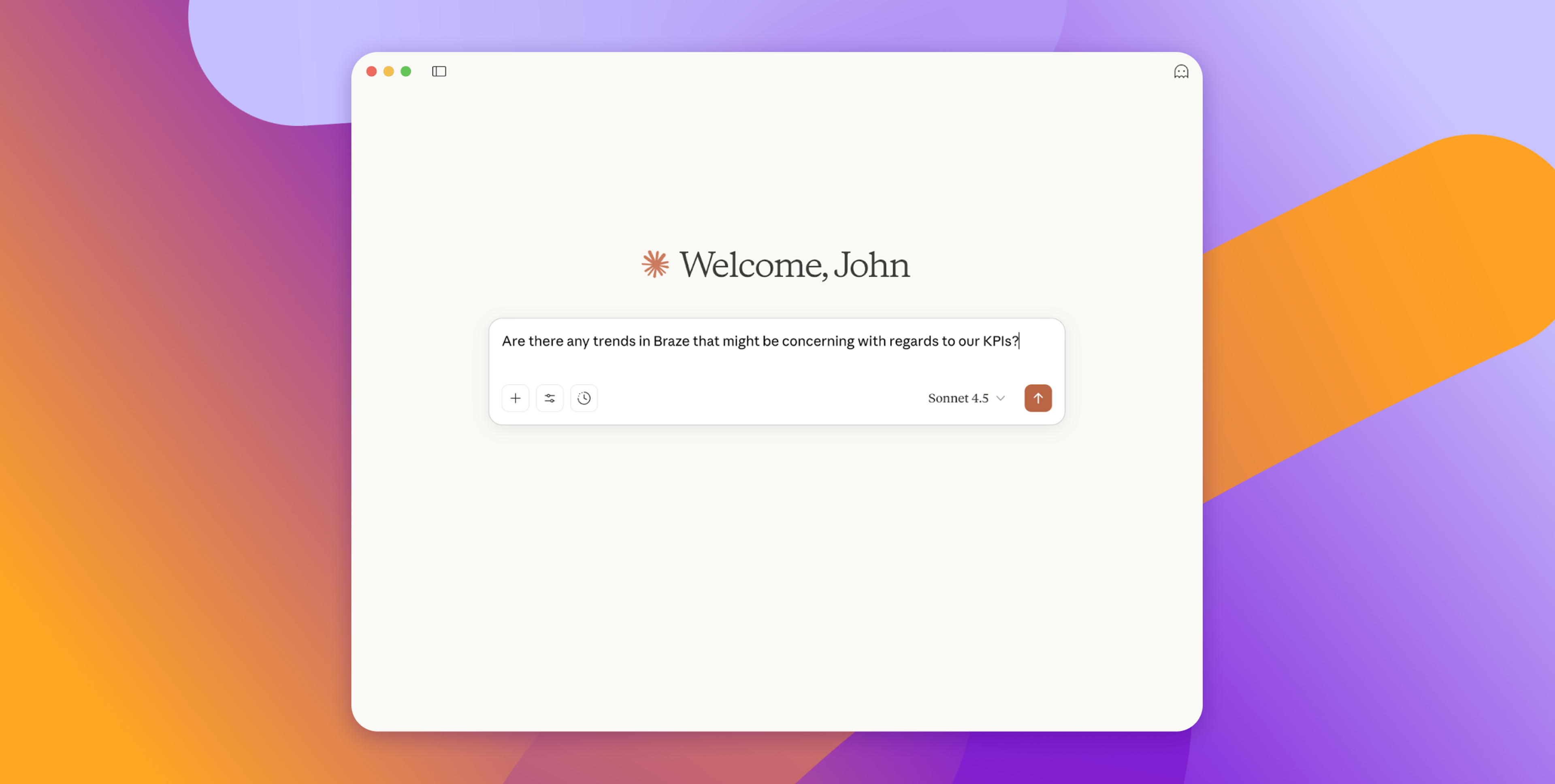 Una aplicación de escritorio que muestra "Bienvenido, John" y una entrada de texto en la que se pregunta por las tendencias de Braze relativas a los KPI.