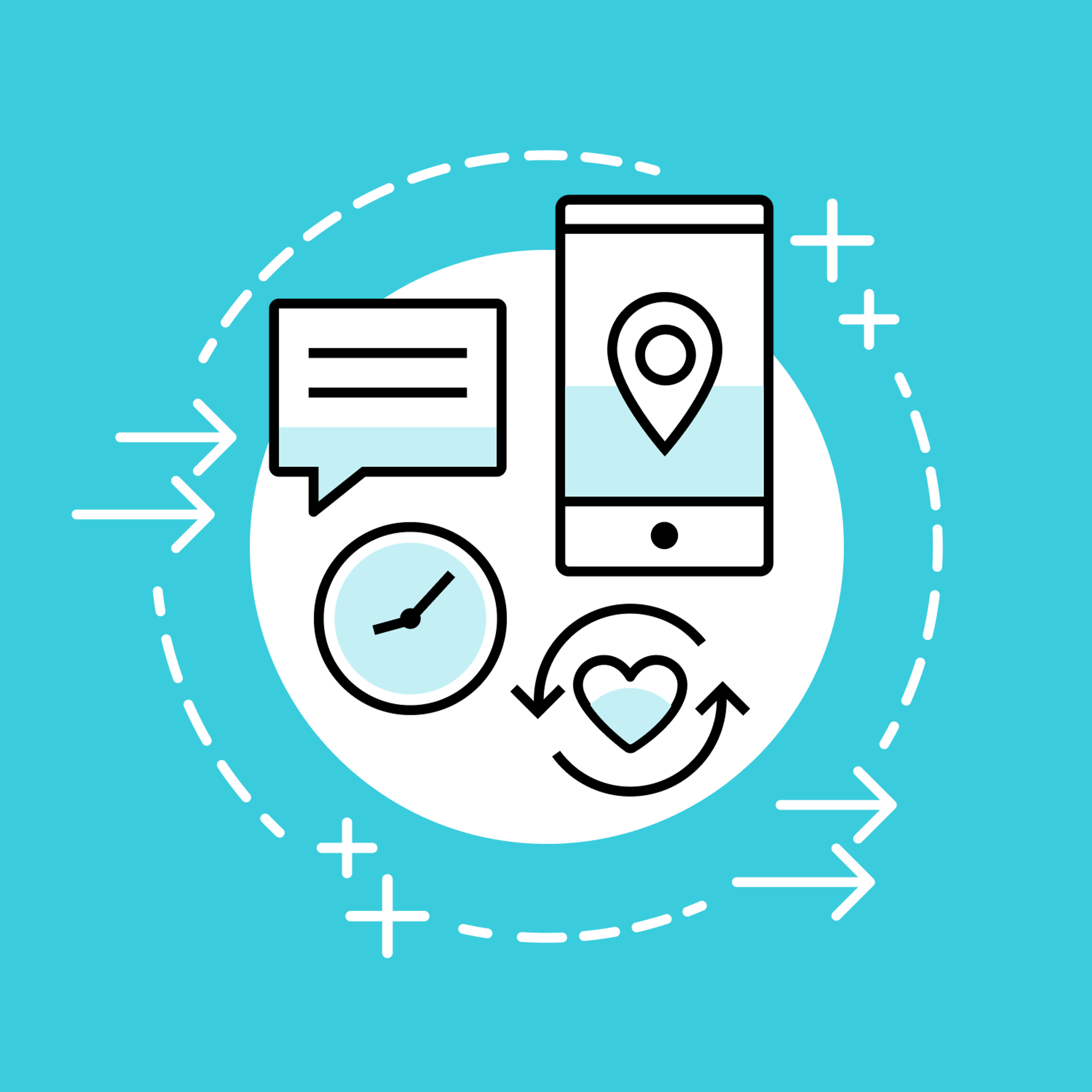 An illustration featuring a smartphone with a location pin, a speech bubble, a clock, and a heart symbol, all connected by circular arrows on a bright blue background.