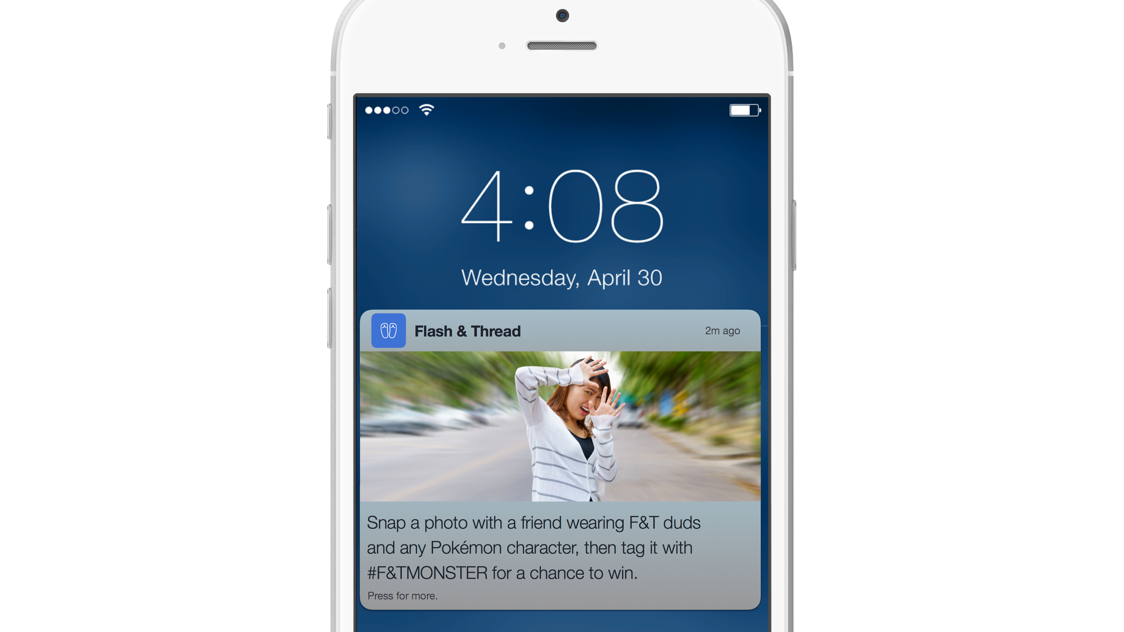 A smartphone screen displaying a notification for a photo contest involving Pokémon characters and clothing. The time is 4:08 PM on Wednesday, April 30.