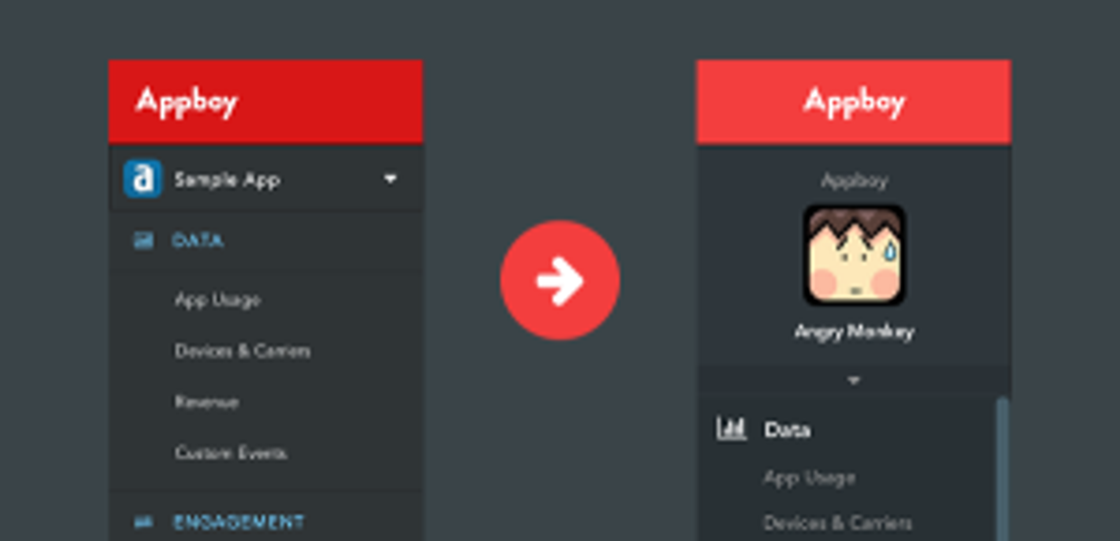 A side-by-side comparison of two app interfaces, one labeled "Sample App" and the other "Appboy," showing sections for data and engagement. An arrow points from the left interface to the right.