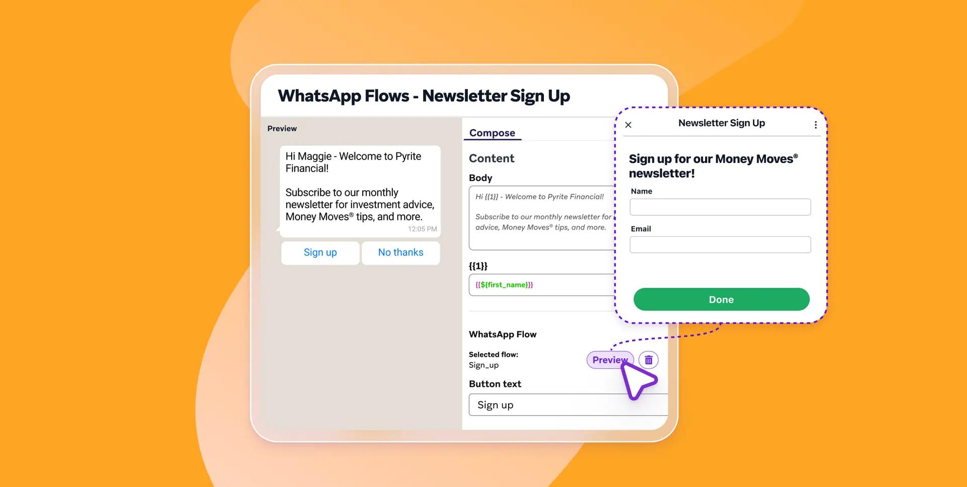 Interface de software para criar um fluxo de inscrição em newsletter do WhatsApp, exibindo uma pré-visualização do chat e um formulário de inscrição pop-up separado.