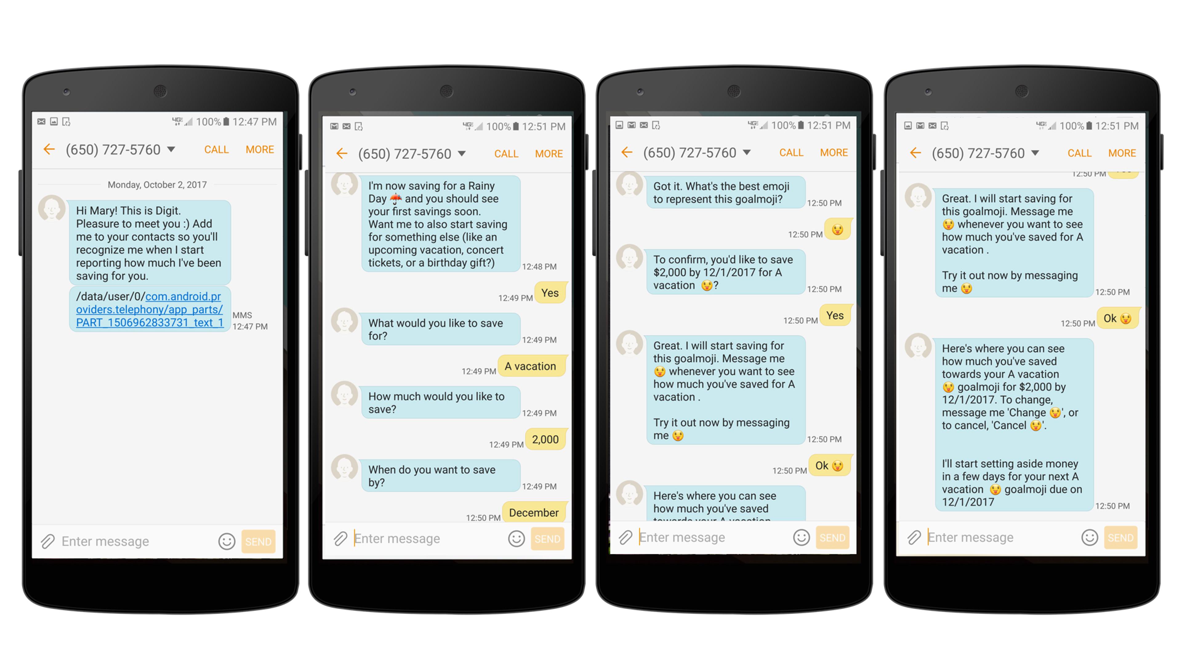 A series of text message conversations on smartphones discussing savings and financial goals. The messages include questions about saving amounts and vacation plans.