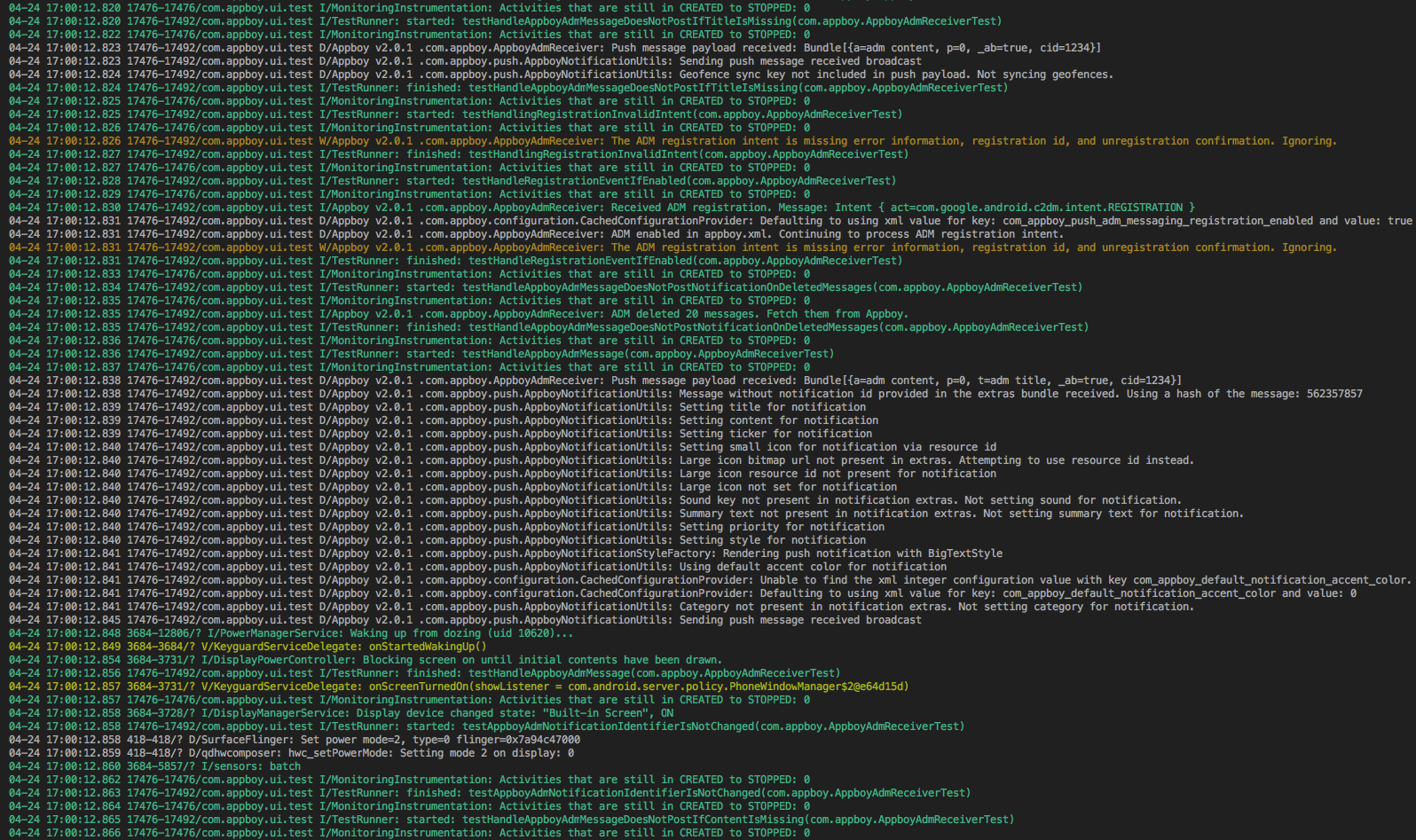 A screenshot of a terminal displaying log messages related to application activities, including notifications and registration processes. The text includes various status updates and error messages.