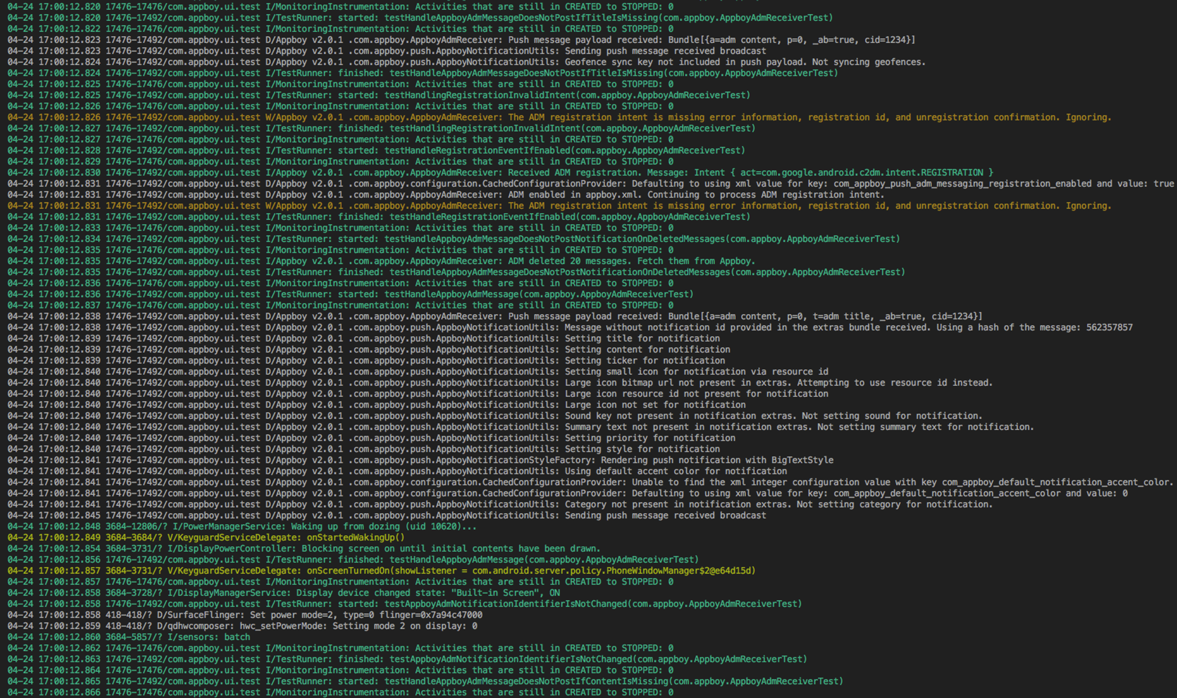 A screenshot of a terminal displaying log messages related to application activities, including notifications and registration processes. The text includes various status updates and error messages.