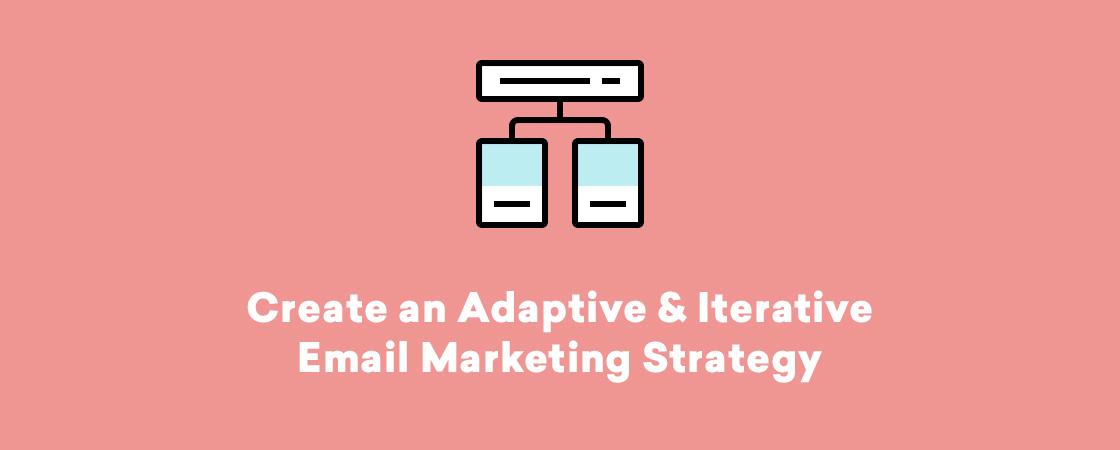 An illustration of a flowchart with two connected boxes, accompanied by the text "Create an Adaptive & Iterative Email Marketing Strategy" on a pink background.