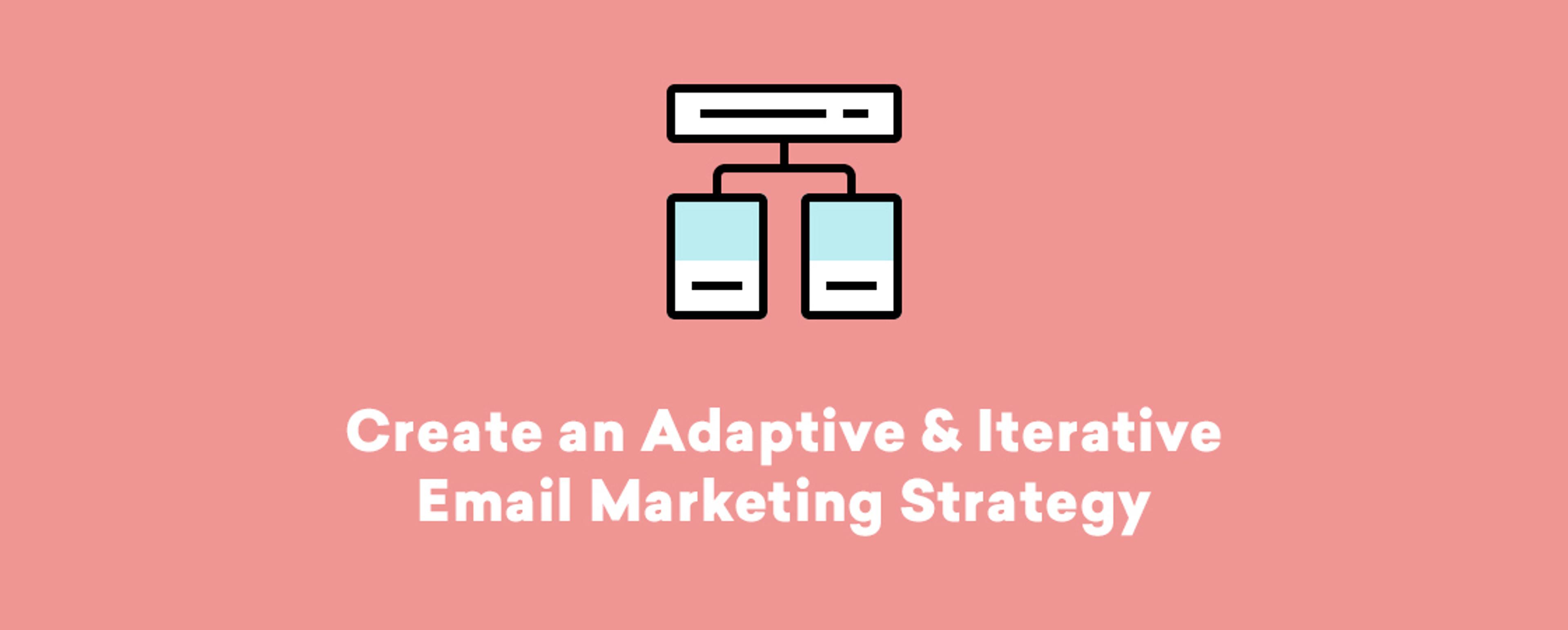 An illustration of a flowchart with two connected boxes, accompanied by the text "Create an Adaptive & Iterative Email Marketing Strategy" on a pink background.
