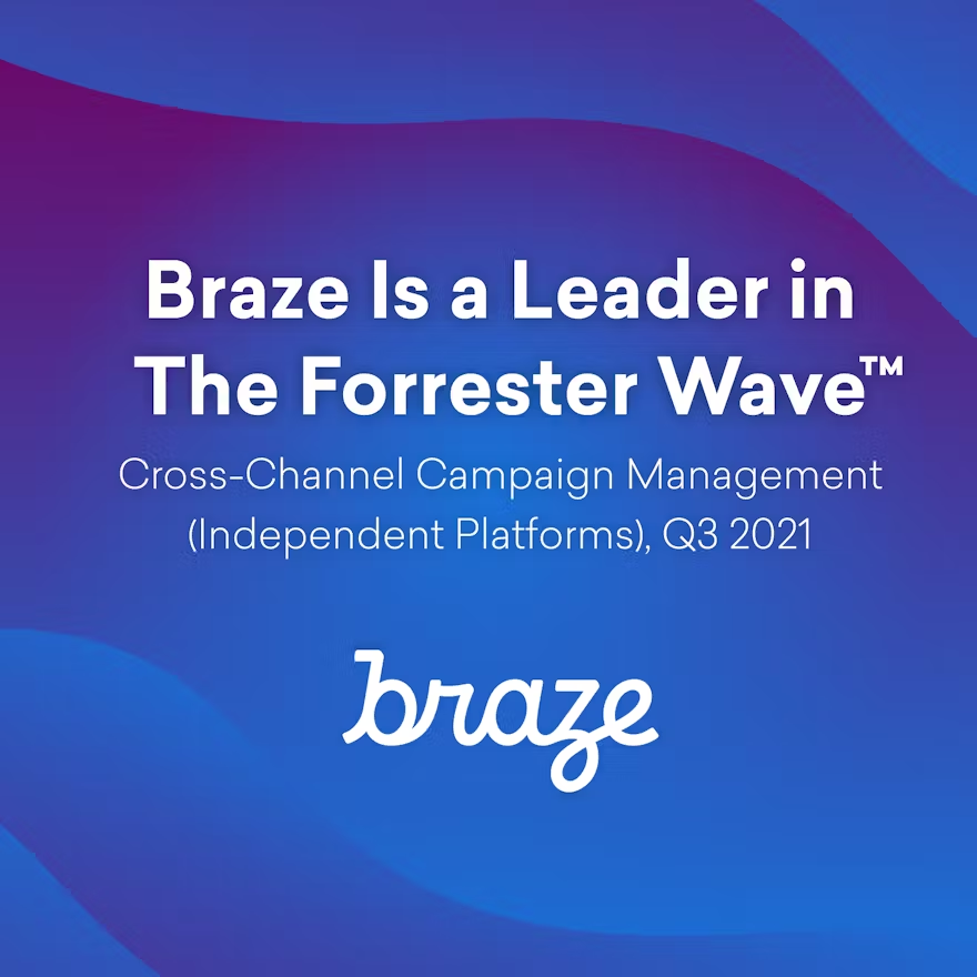 Text announcing that Braze is a leader in The Forrester Wave for Cross-Channel Campaign Management (Independent Platforms) in Q3 2021, with the Braze logo displayed.