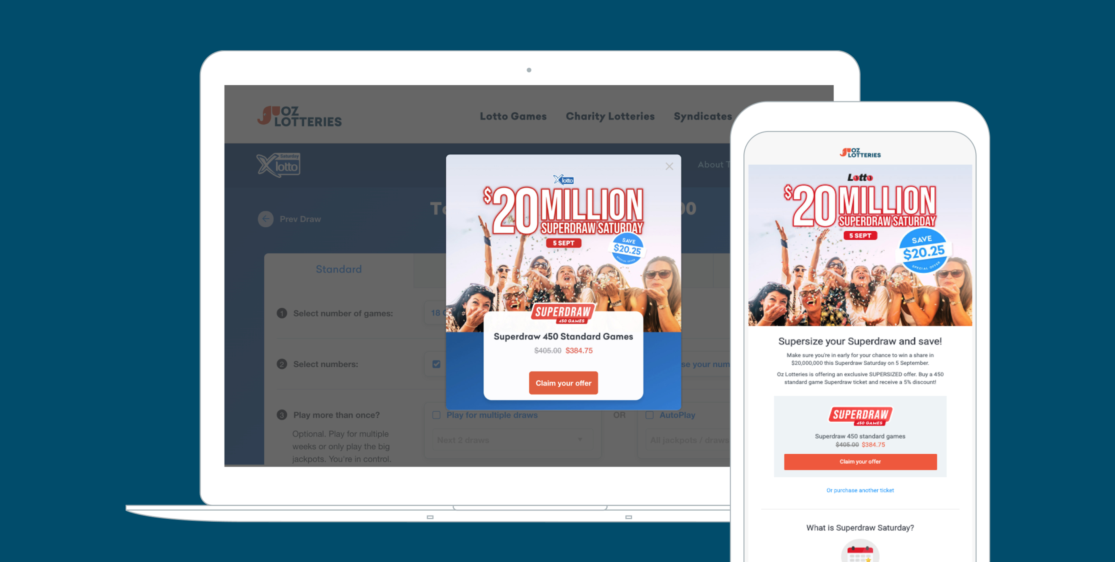 A laptop and a smartphone display a lottery website promoting a $20 million Superdraw. The screen features a colorful advertisement for lottery games.