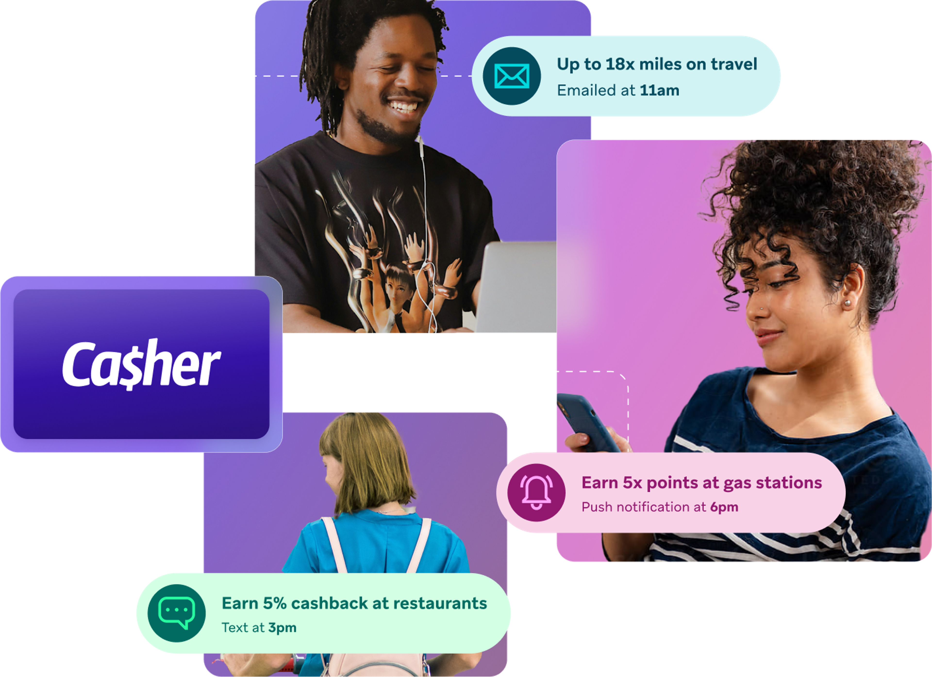 Casher promotional collage showing people using devices alongside notifications for travel miles, gas station points, and restaurant cashback.