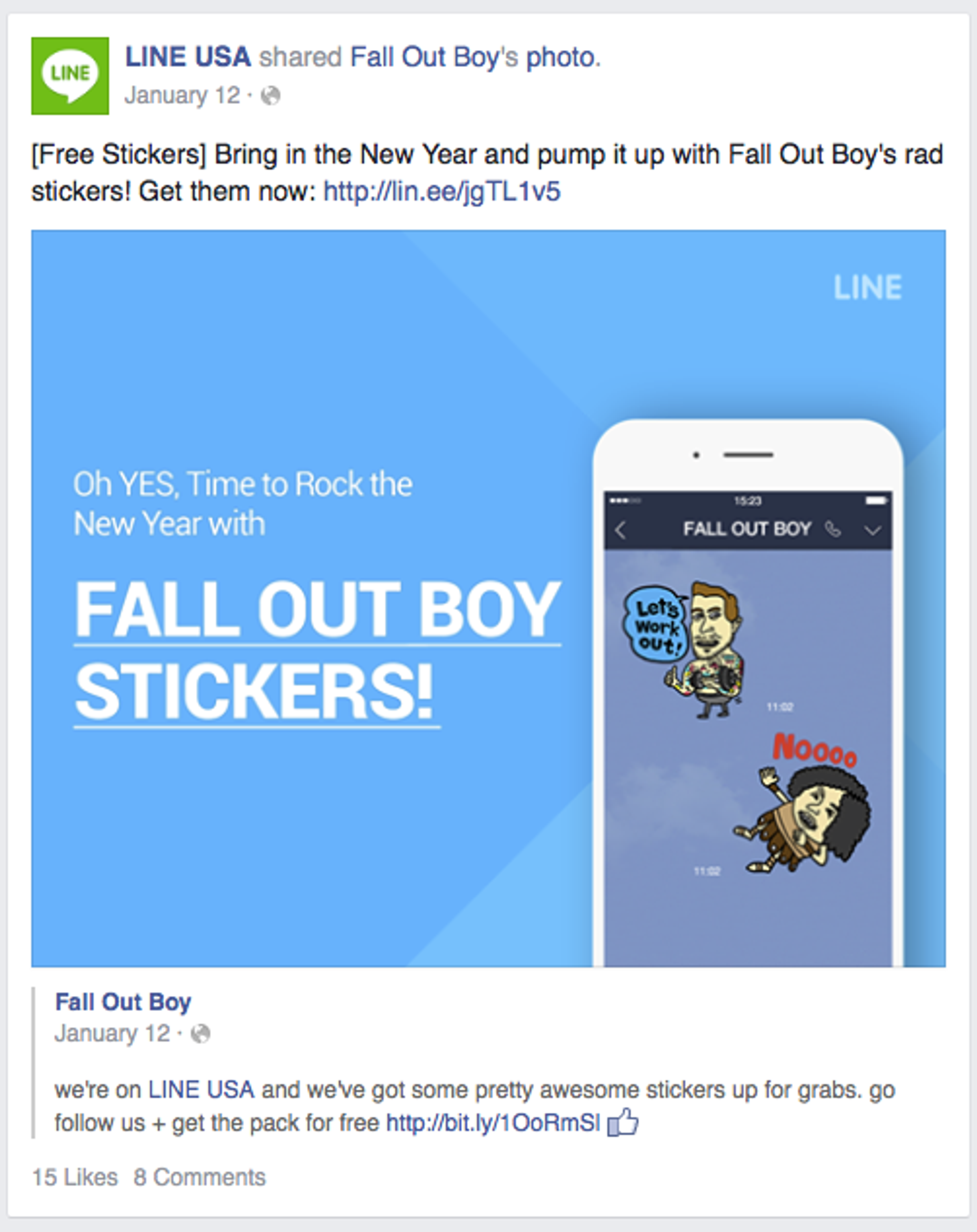 A promotional image for Fall Out Boy stickers, featuring a mobile app interface with cartoon characters and text encouraging users to get free stickers. The background includes festive New Year elements.