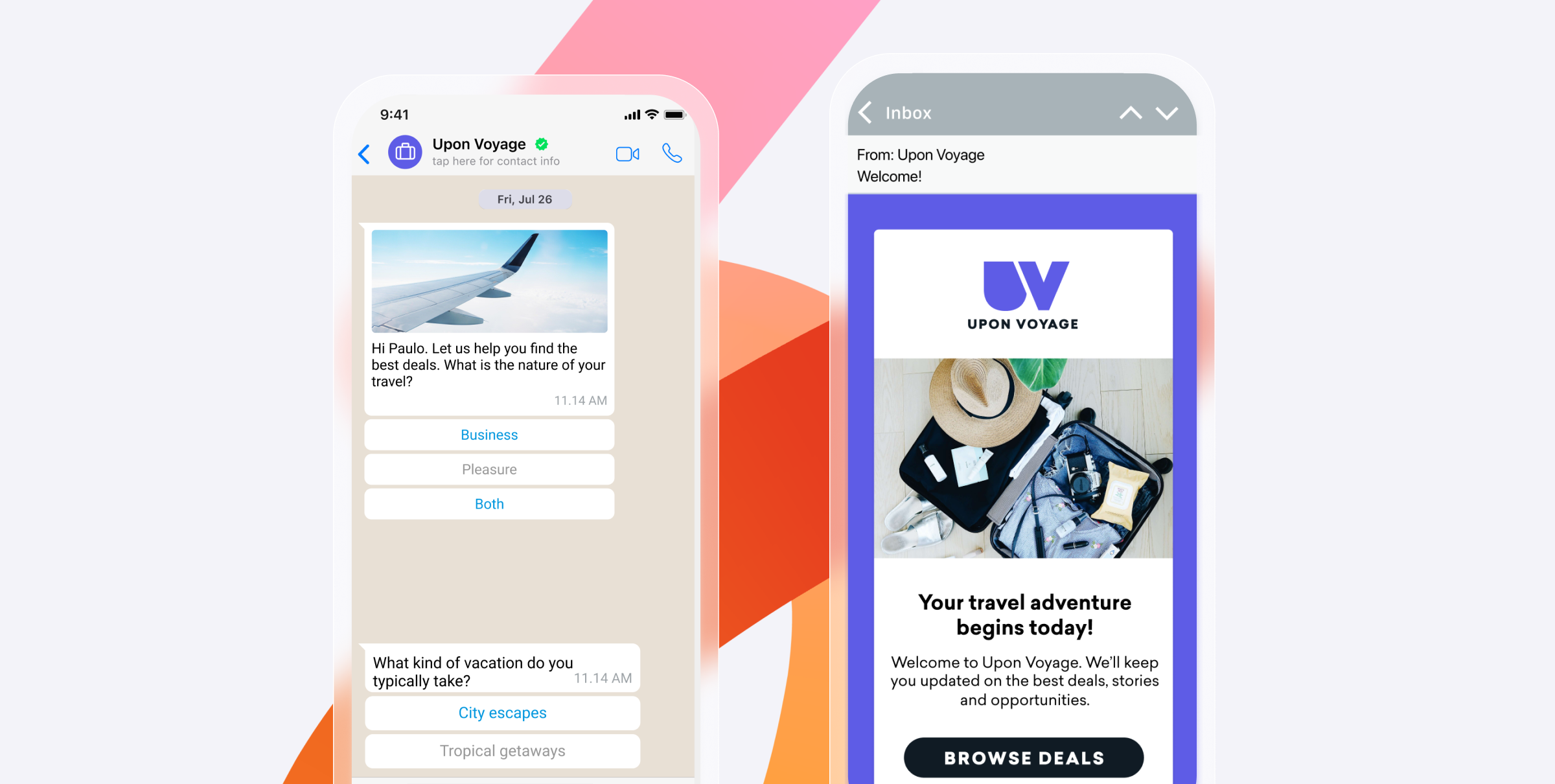 A smartphone screen displays a chat conversation about travel preferences and an email from "Upon Voyage" welcoming users with travel deals.
