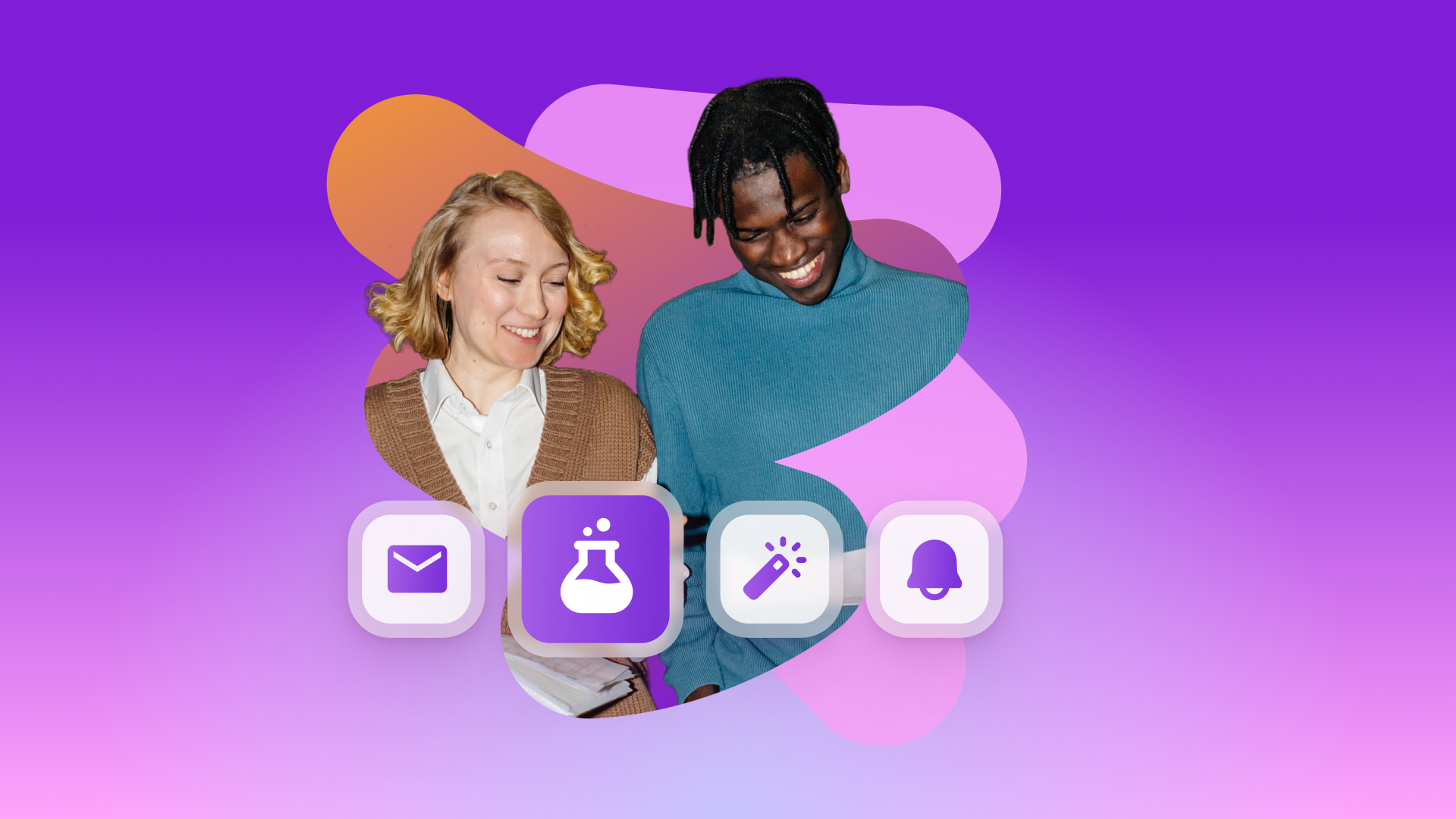 Two smiling young adults with overlaid app icons for mail, a beaker, a magic wand, and a notification bell.