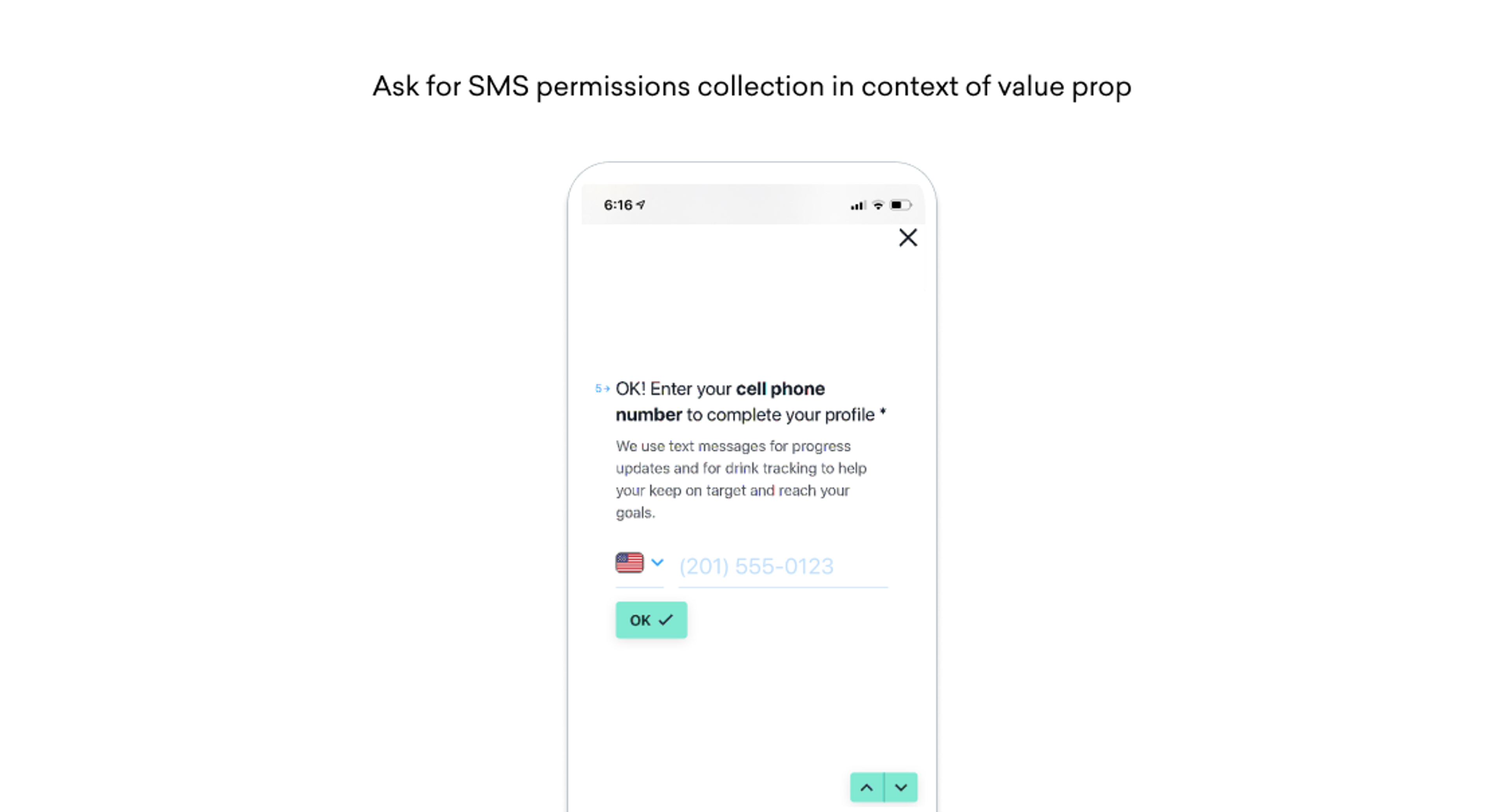 Mobile app screen showing a prompt to enter a cell phone number and consent to SMS messages, framed as part of completing the user profile and receiving progress updates.