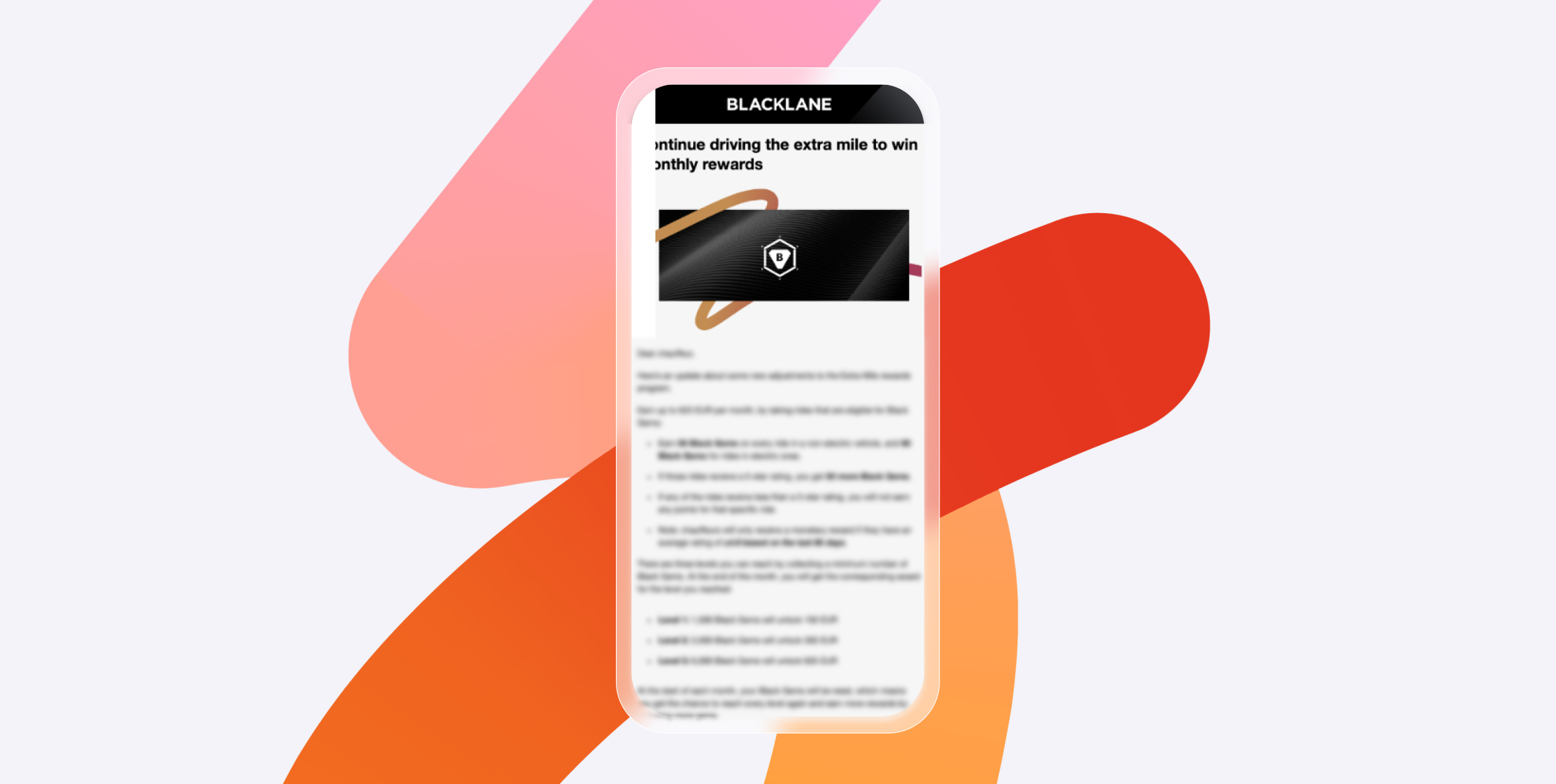 A smartphone displaying a promotional message from Blacklane about earning monthly rewards. The background features abstract colorful shapes.