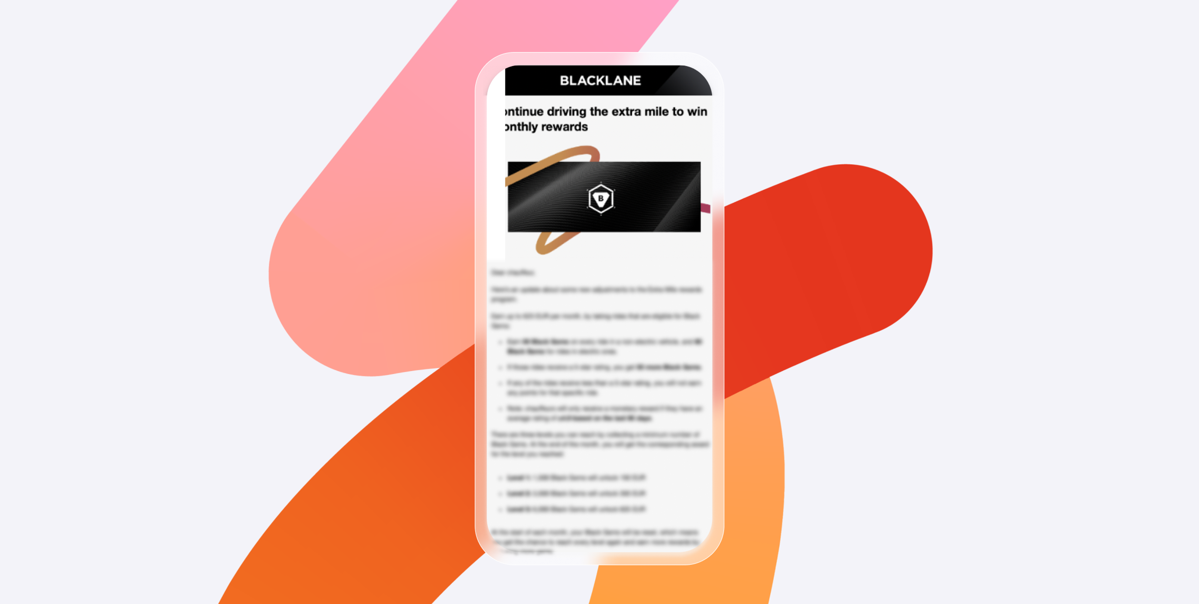A smartphone displaying a promotional message from Blacklane about earning monthly rewards. The background features abstract colorful shapes.
