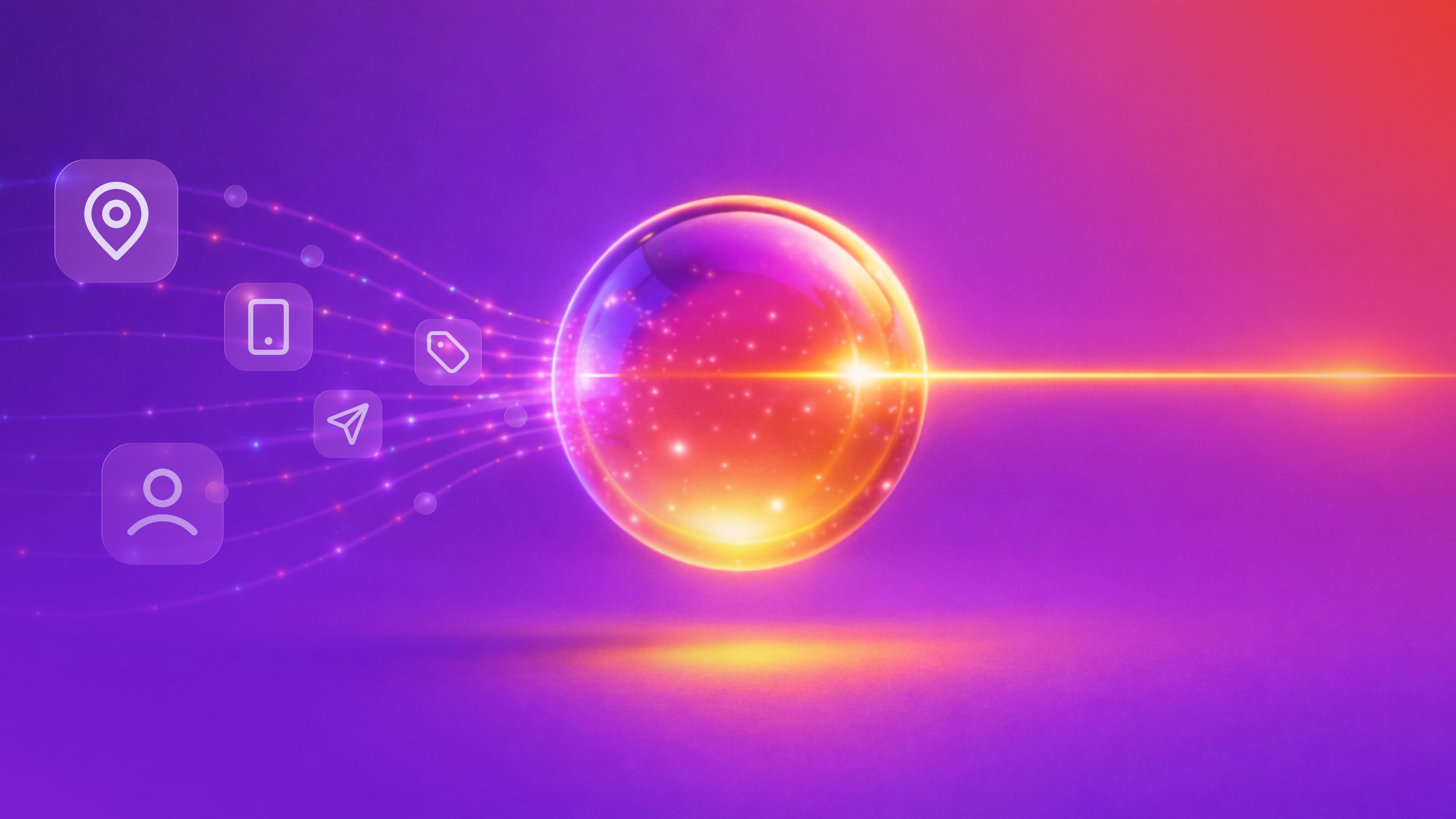 A radiant, colorful sphere with glowing lines connecting to digital icons for location, mobile, and user.