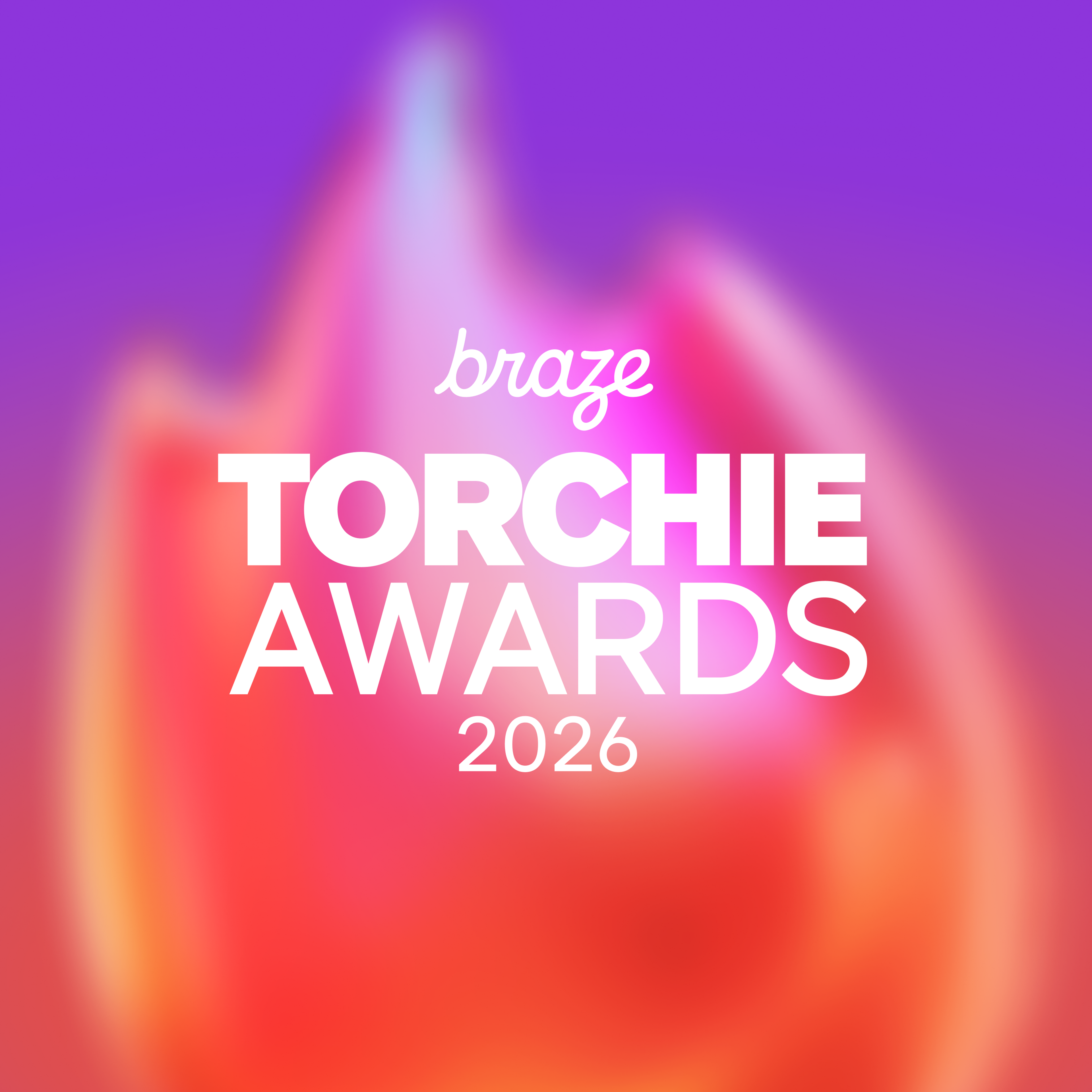 Braze Torchie Awards 2026 logo on a vibrant purple, pink, red, and orange background.