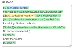 A code snippet displaying a weather-related message with conditional statements for different weather conditions. It includes prompts for rain and clouds, along with a suggestion to enjoy the weather.
